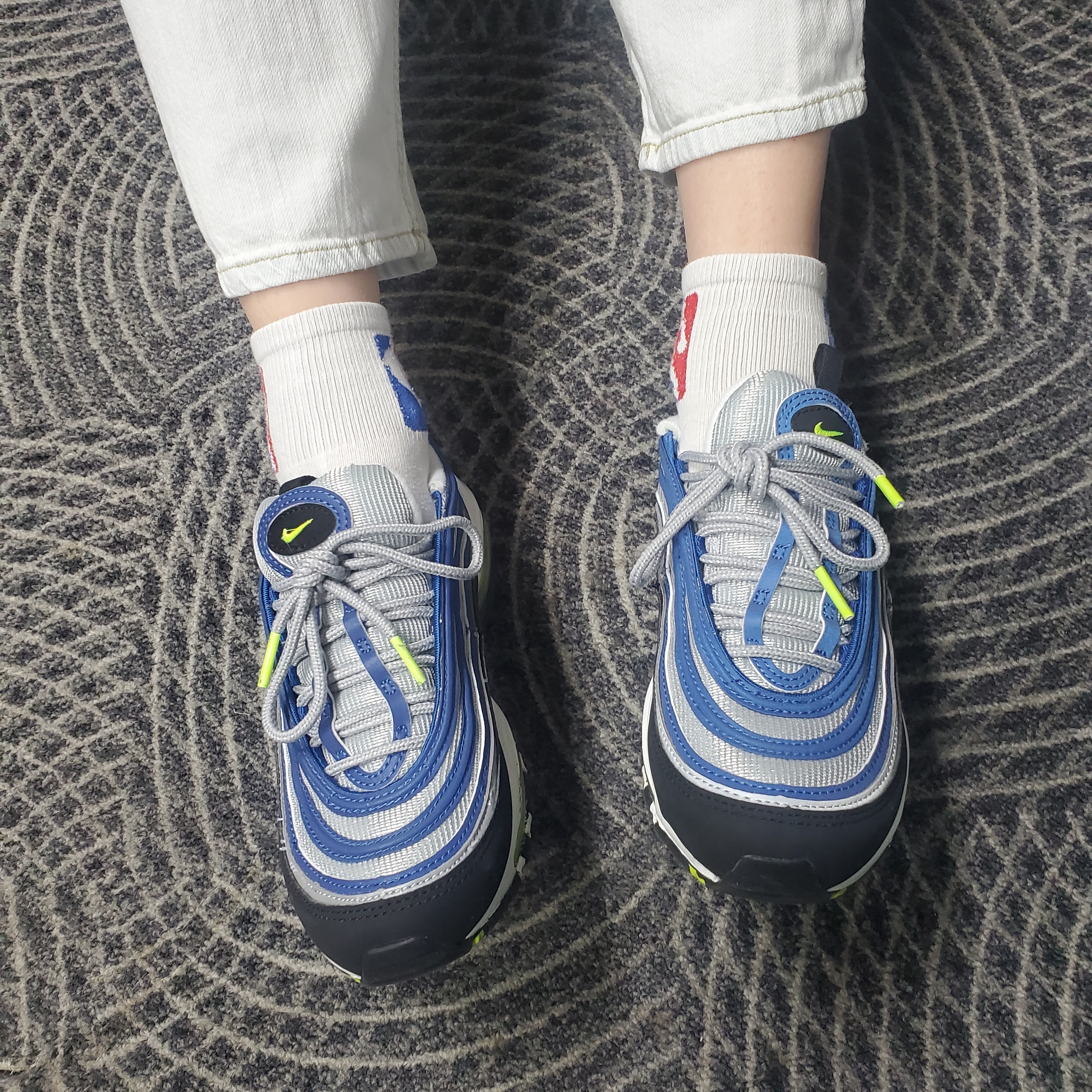 (W) Nike Air Max 97 OG Atlantic Blue and Voltage Yellow 착용 스타일 - 1