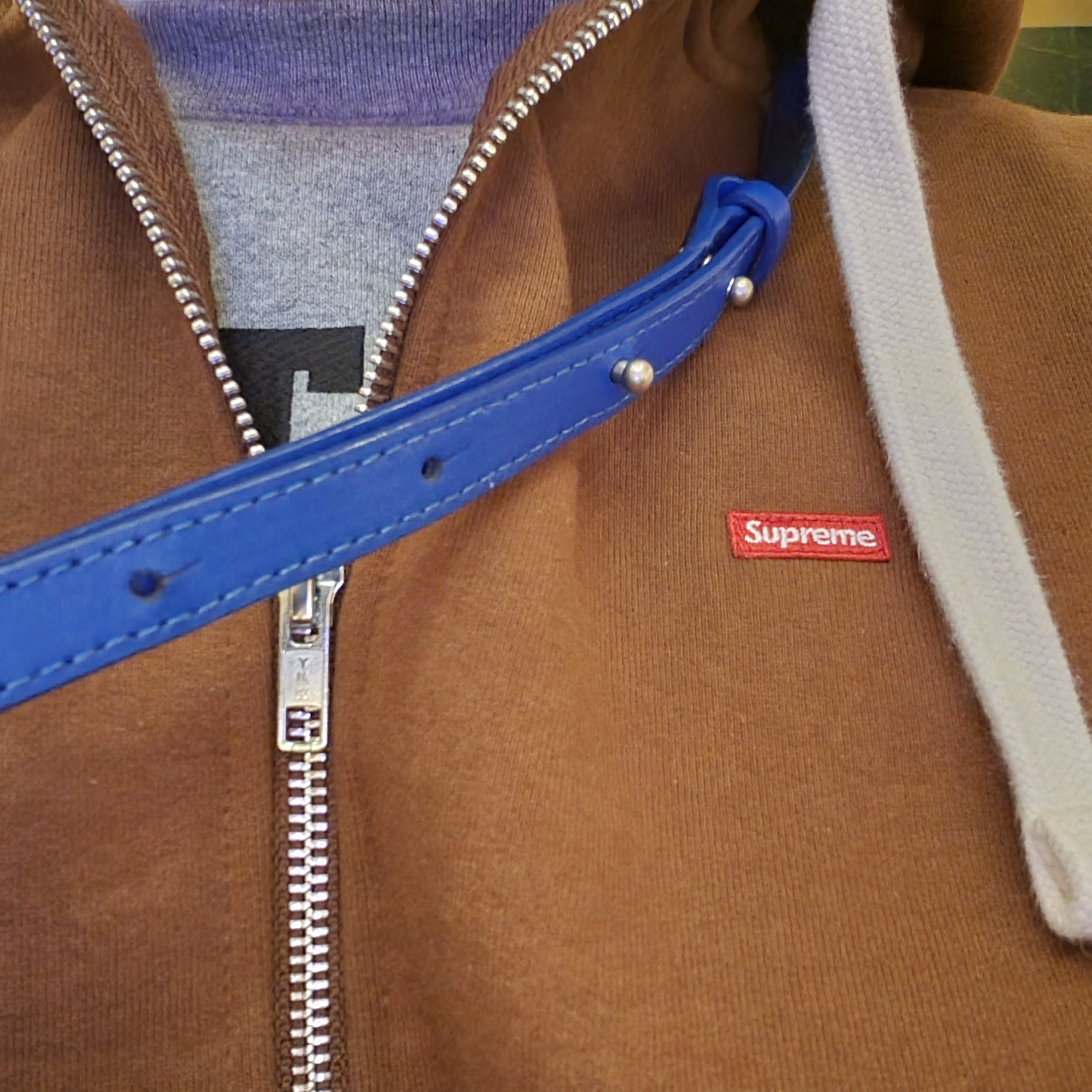 Supreme Small Box Drawcord Zip Up Hooded Sweatshirt Brown - 22FW, Ader Error Shopper Bag Blue 착용 스타일 - 3