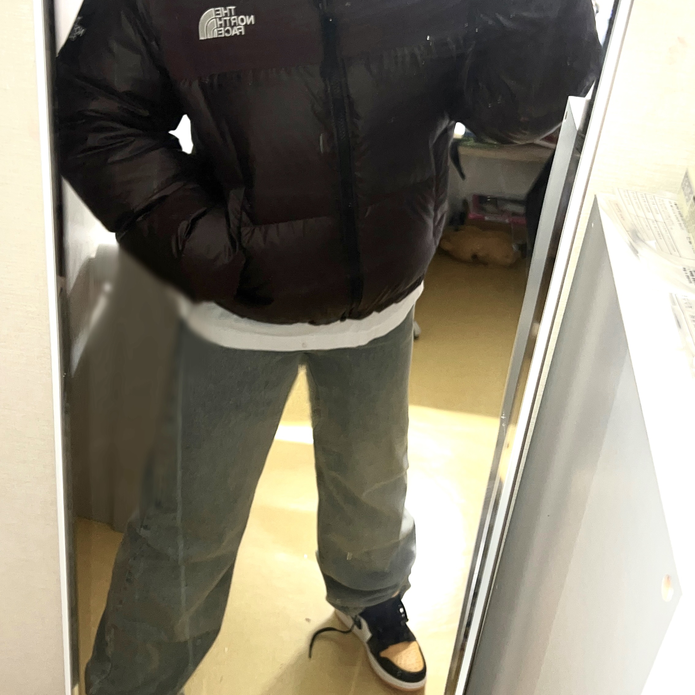 Jordan 1 Retro High OG Taxi, (W) The North Face White Label Novelty Nuptse Down Jacket Cocoa Brown 착용 스타일