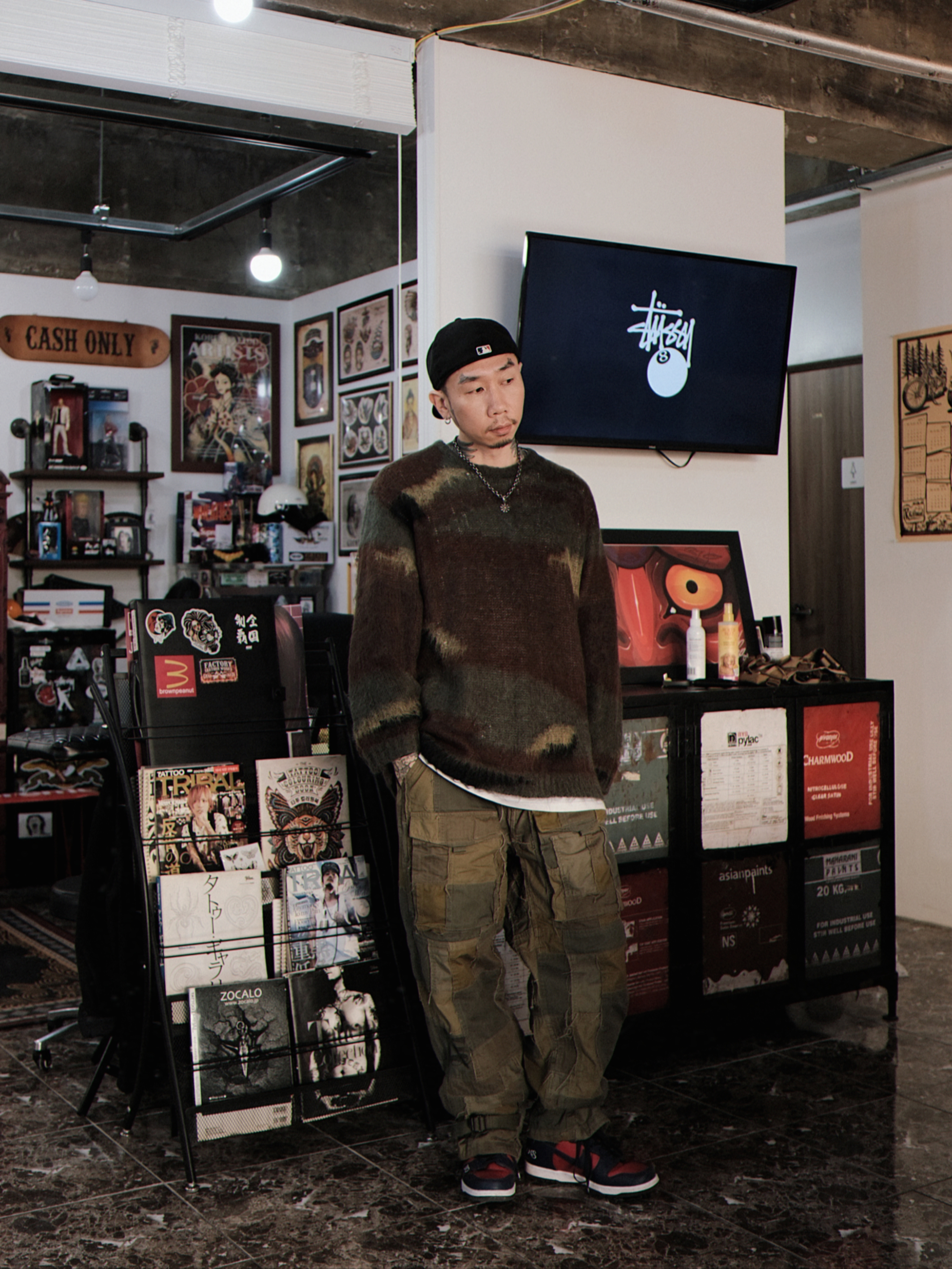 Supreme x Comme des Garcons Junya Watanabe Man Brushed Camo Sweater Olive - 21FW, Supreme x Comme des Garcons Junya Watanabe Man Patchwork Cargo Pants Olive - 21FW 착용 스타일 - 3
