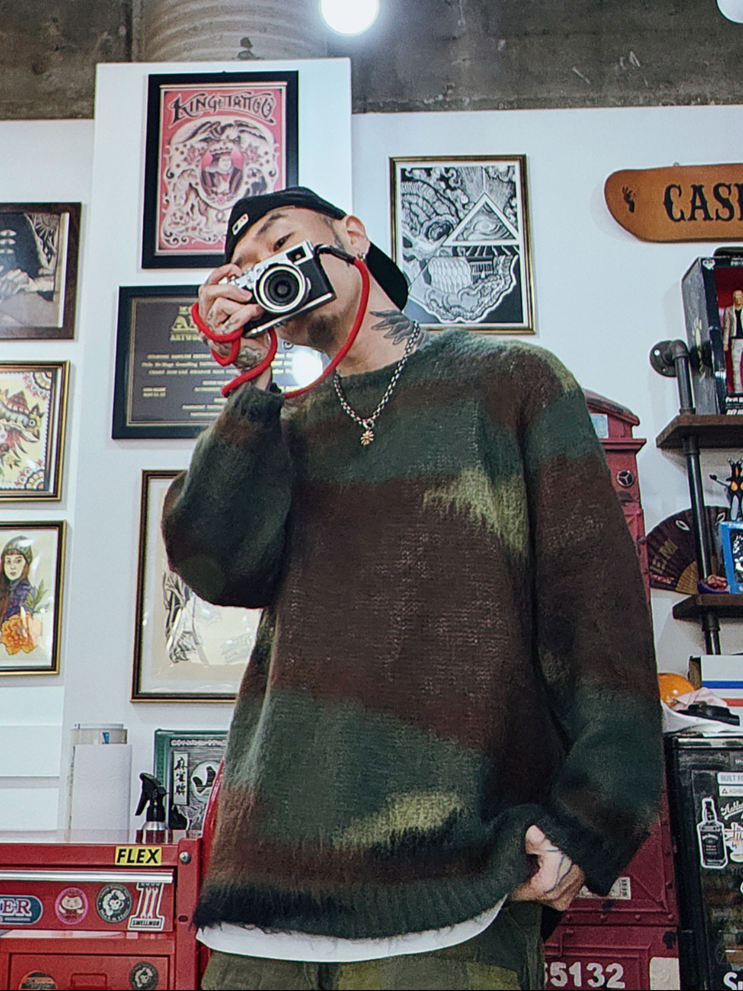 Supreme x Comme des Garcons Junya Watanabe Man Brushed Camo Sweater Olive - 21FW, Supreme x Comme des Garcons Junya Watanabe Man Patchwork Cargo Pants Olive - 21FW 착용 스타일 - 1