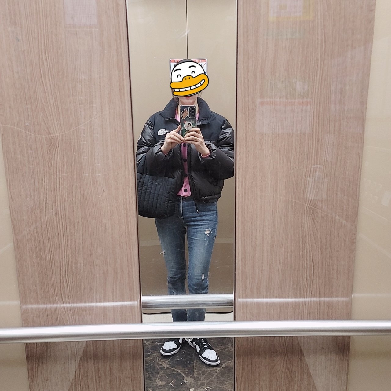 (W) The North Face White Label Novelty Nuptse Down Jacket Black, Nike Dunk Low Retro Black 착용 스타일