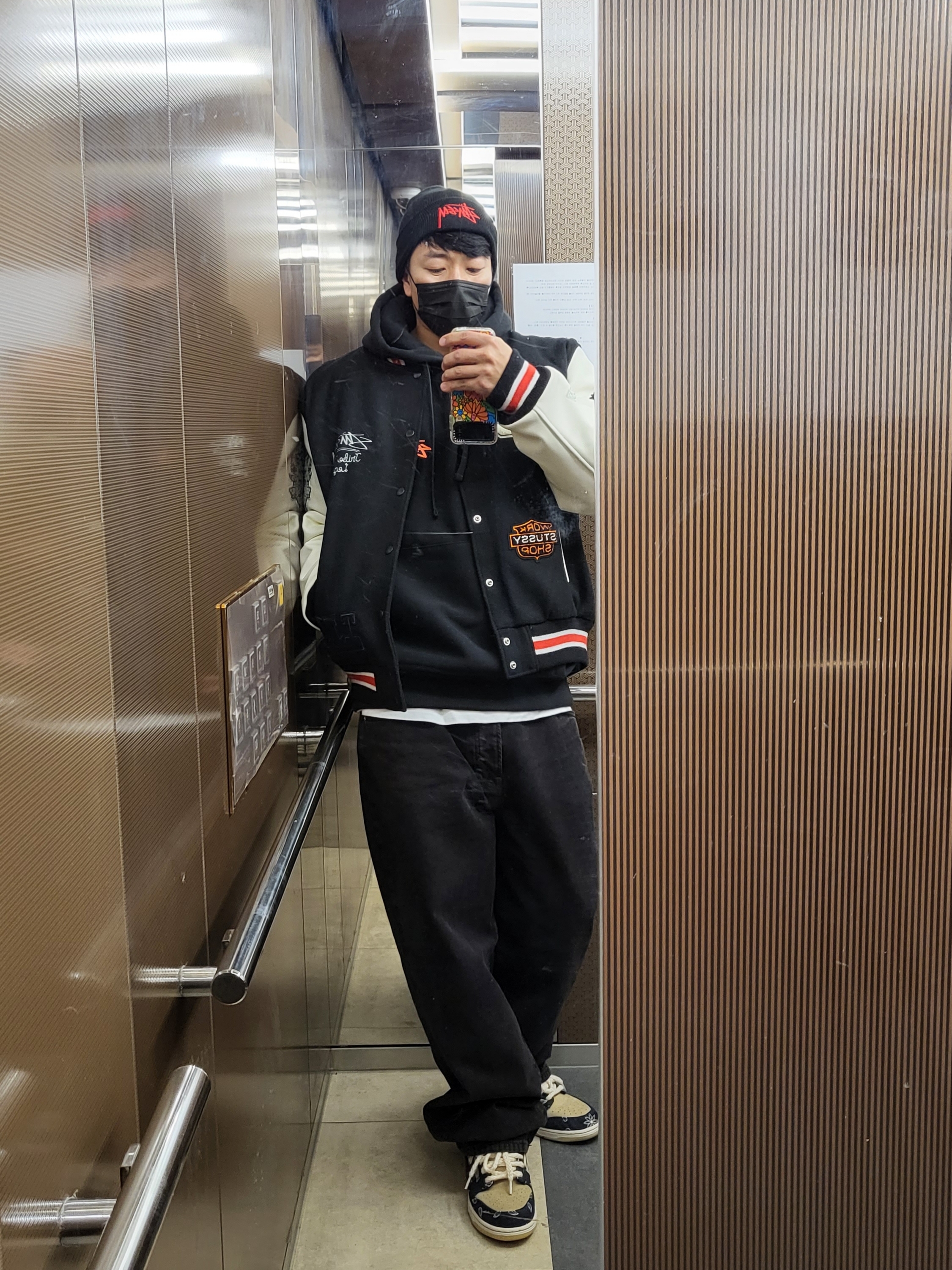 Stussy x Our Legacy x Denim Tears TTL Varsity Jacket Black, Stussy Dance Energy Hoodie Black 착용 스타일