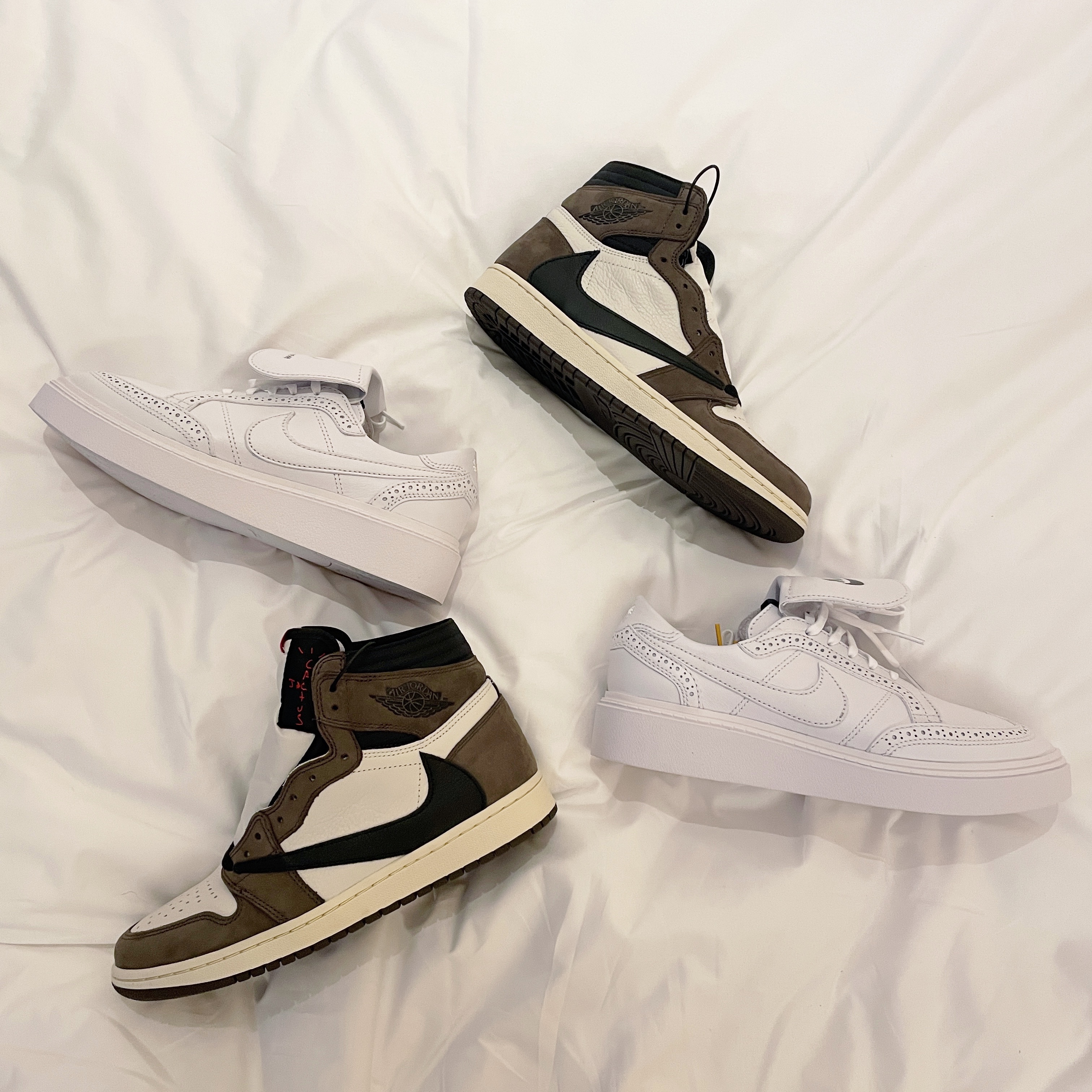 Nike x Peaceminusone Kwondo1 White, Jordan 1 x Travis Scott Retro High OG SP Mocha 착용 스타일