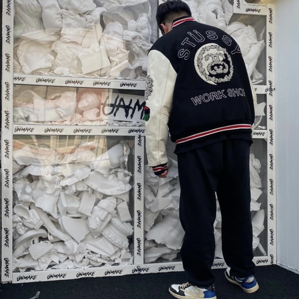 Stussy x Our Legacy x Denim Tears TTL Varsity Jacket Black 착용 스타일