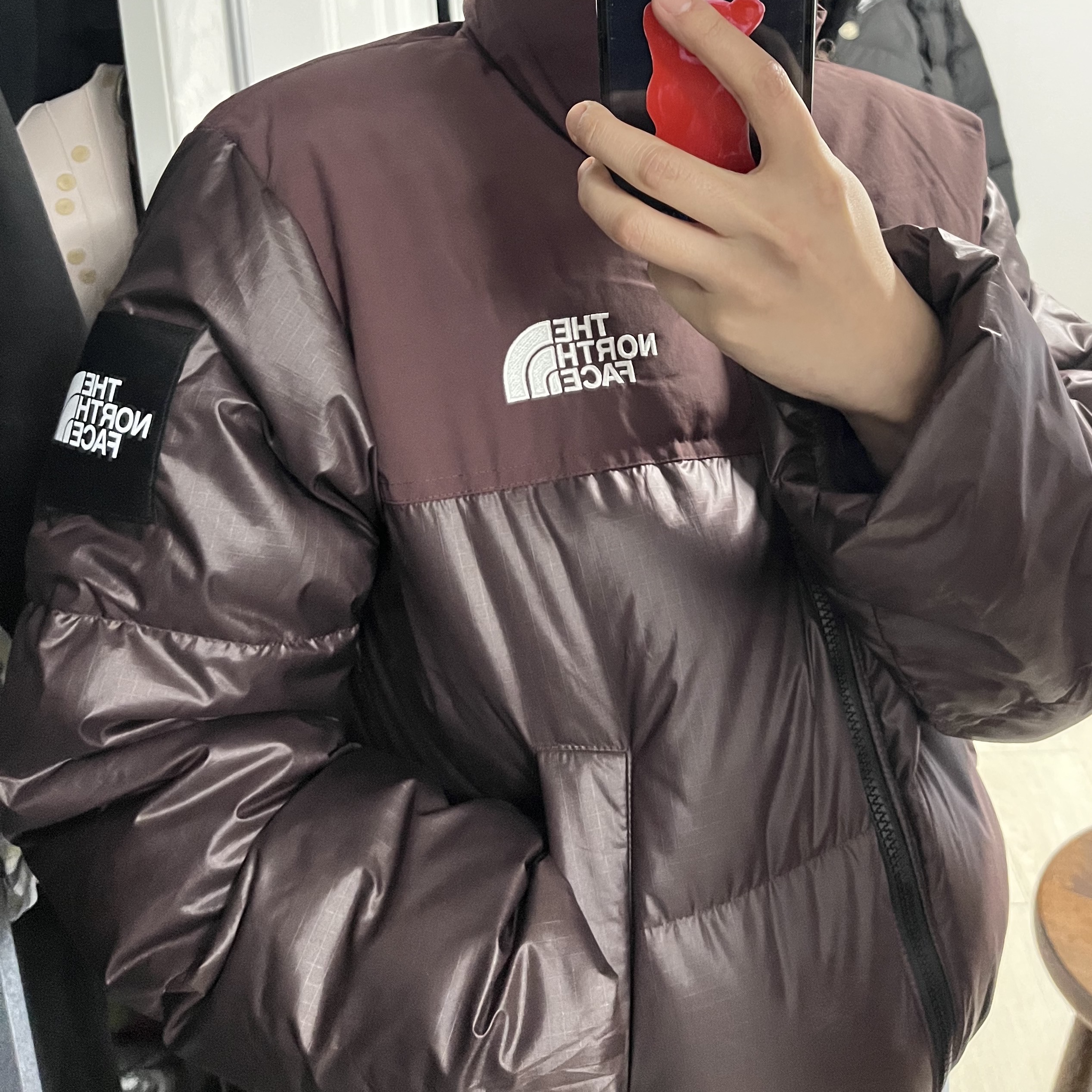 (W) The North Face White Label Novelty Nuptse Down Jacket Cocoa Brown 착용 스타일
