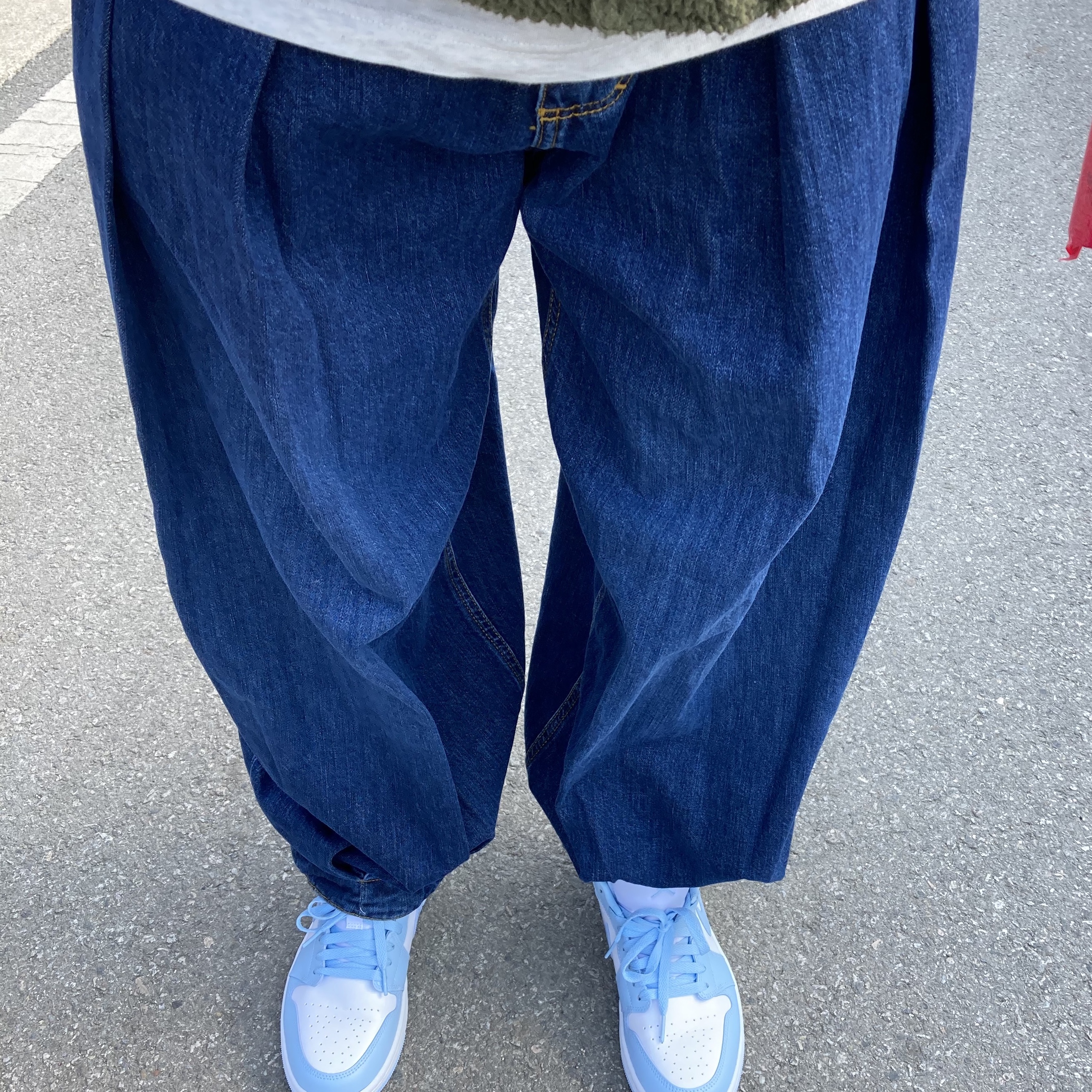 Zara x Ader Error Wide Leg Jeans Blue, (W) Jordan 1 Low White Ice Blue 착용 스타일 - 1