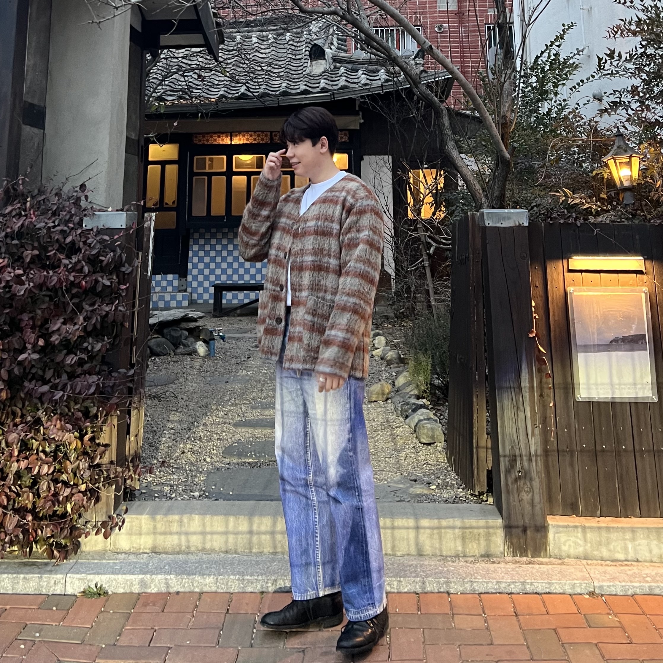 Our Legacy Third Cut Digital Dual Denim, Our Legacy Cardigan Mohair Ament Check 착용 스타일