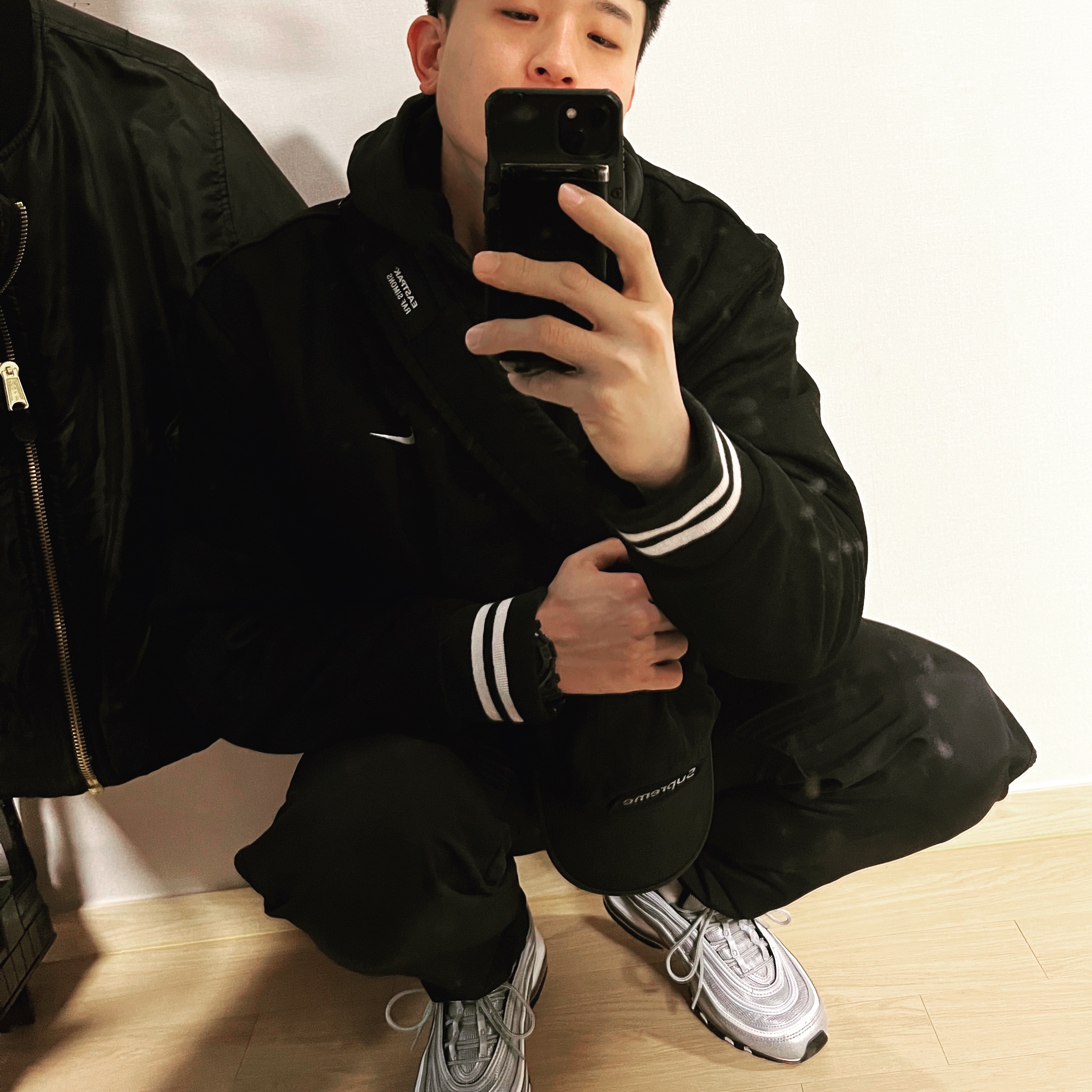 Nike NSW Authentics Varsity Jacket Black - Asia, Nike Air Max 97 OG Silver Bullet 2022 착용 스타일