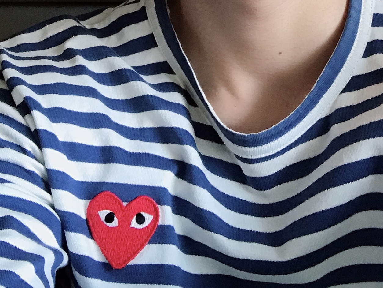 Play Comme des Garcons Striped LS T-Shirt Blue White, Converse x Play Comme des Garcons Chuck 70 Ox Black 착용 스타일 - 1