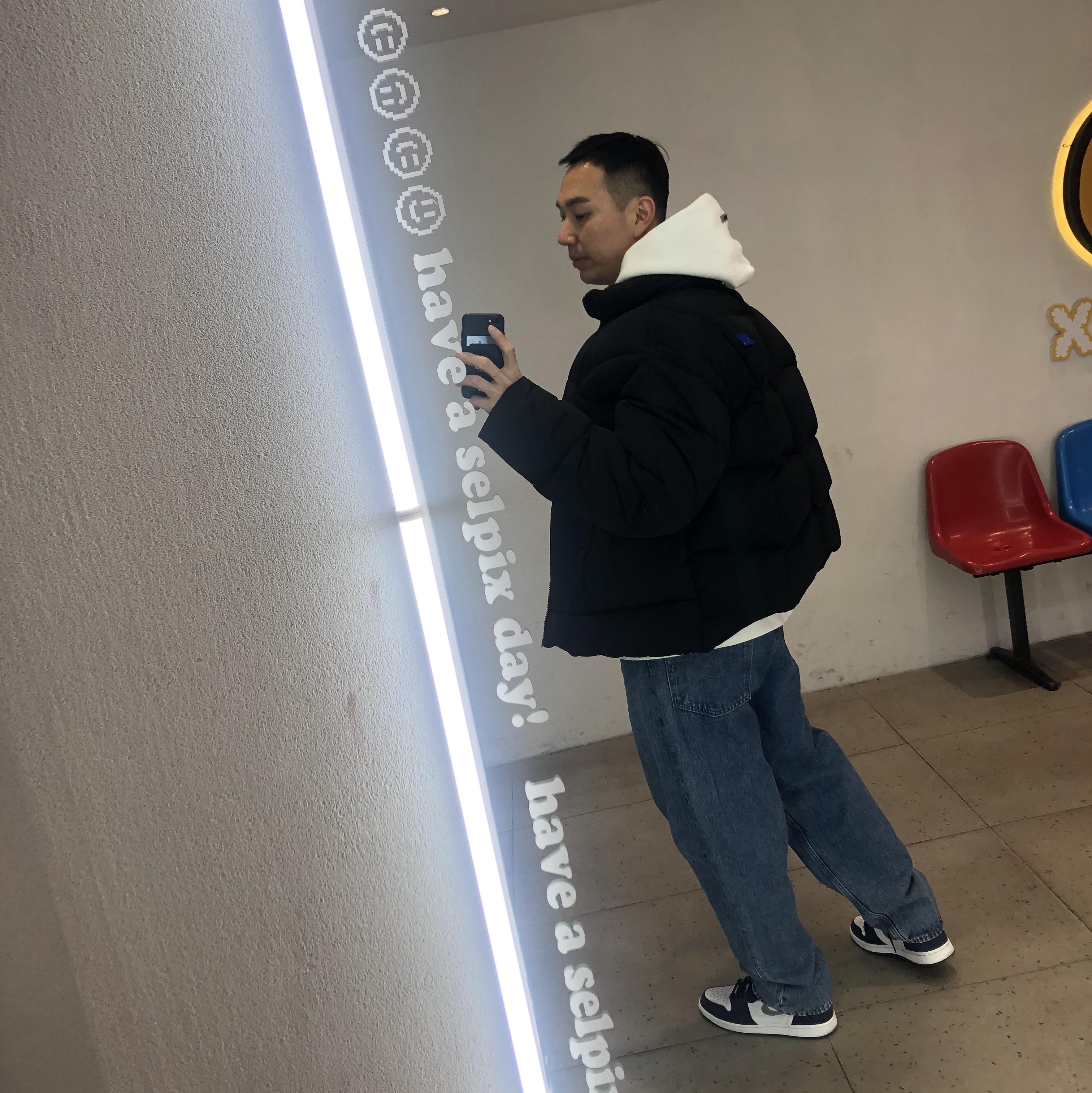 Zara x Ader Error Puffer Jacket Black, Jordan 1 Retro High OG CO.JP Midnight Navy 착용 스타일