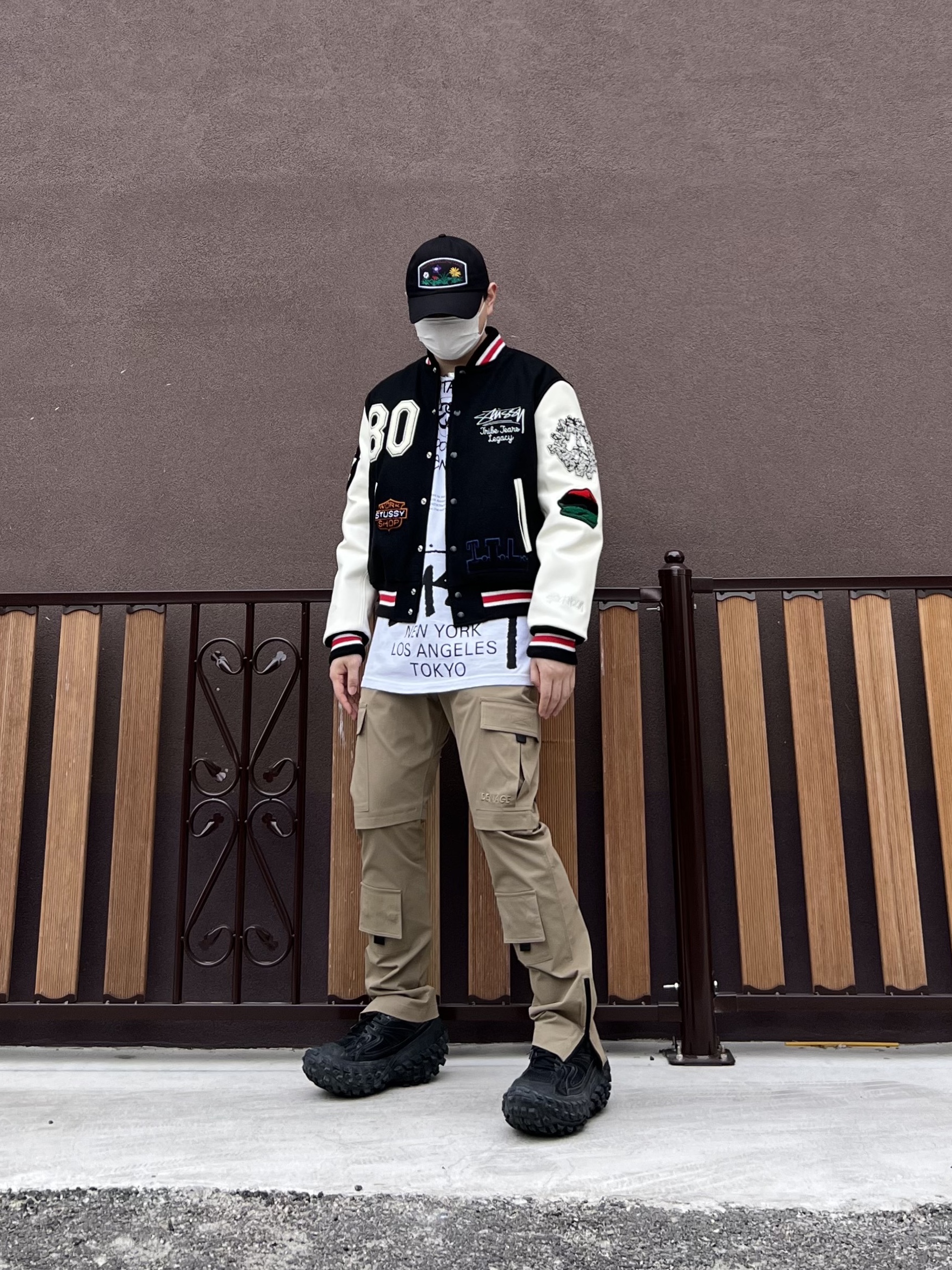 Stussy x Our Legacy x Denim Tears TTL Varsity Jacket Black, Balenciaga Defender Sneakers Black 착용 스타일 - 1
