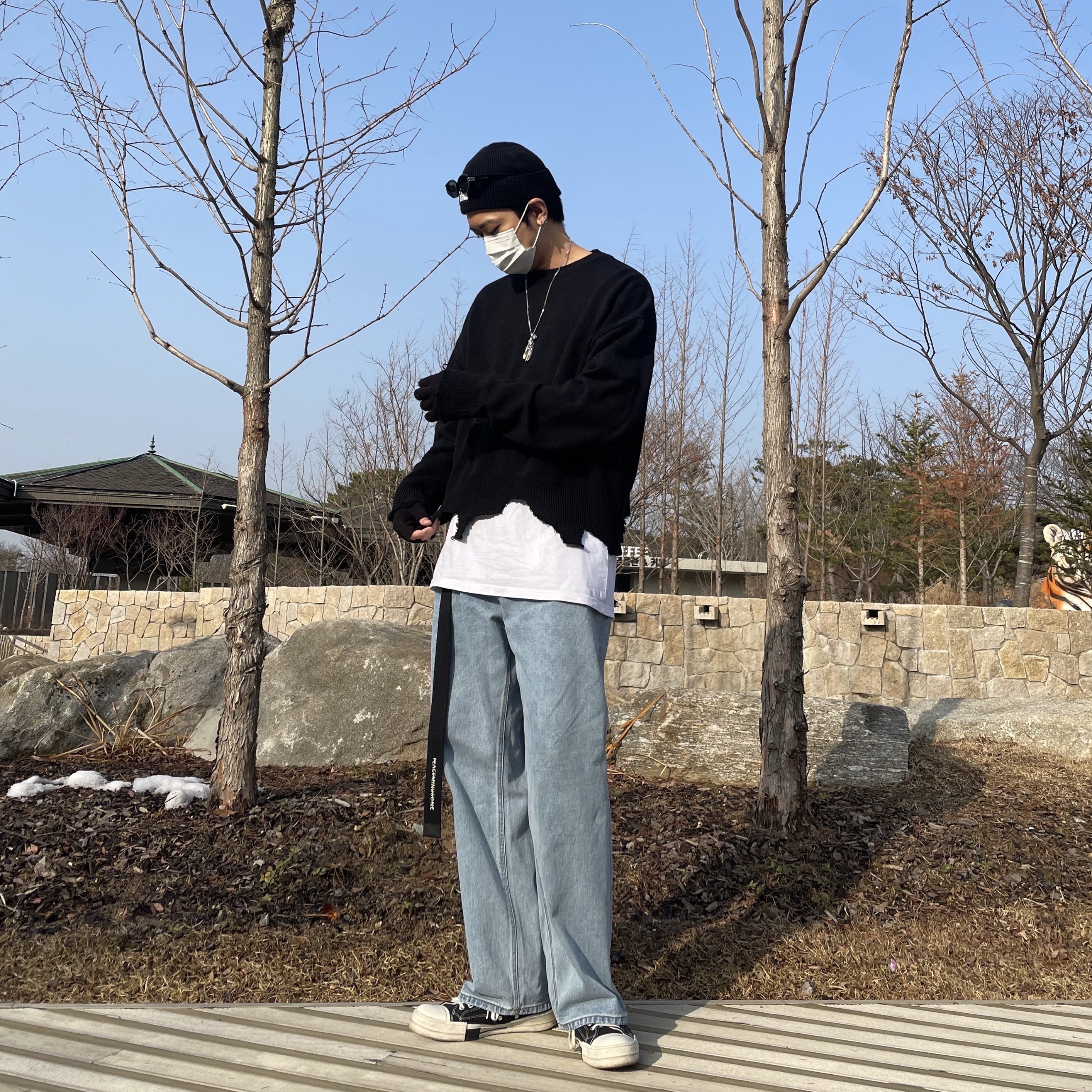 Peaceminusone O-Ring Belt #2 Black, Converse x Drkshdw Drkstr Chuck 70 High Black 착용 스타일