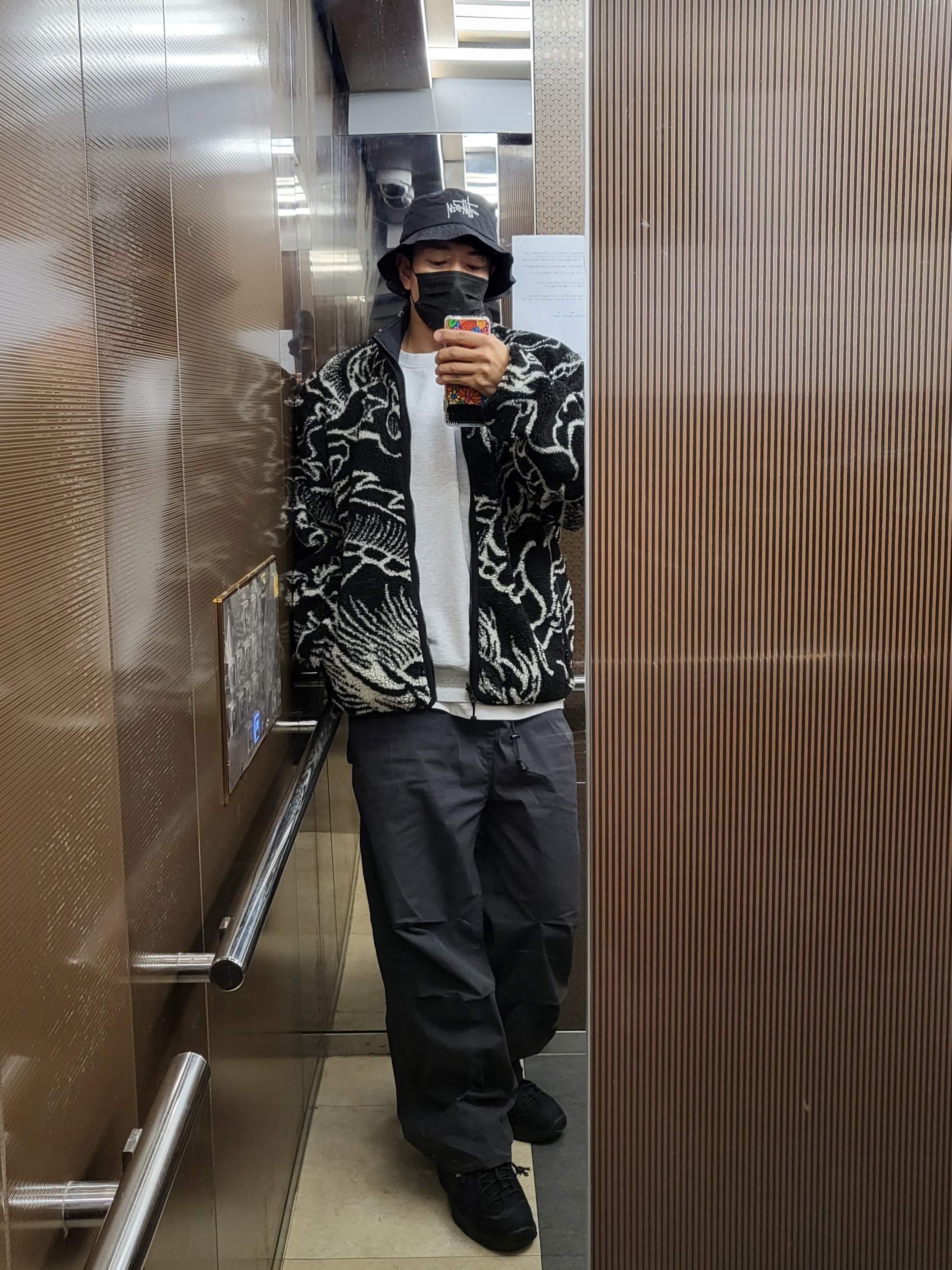Stussy Dragon Sherpa Jacket Black, Stussy Basic Stussy Crew Ash Heather Grey 2021 착용 스타일