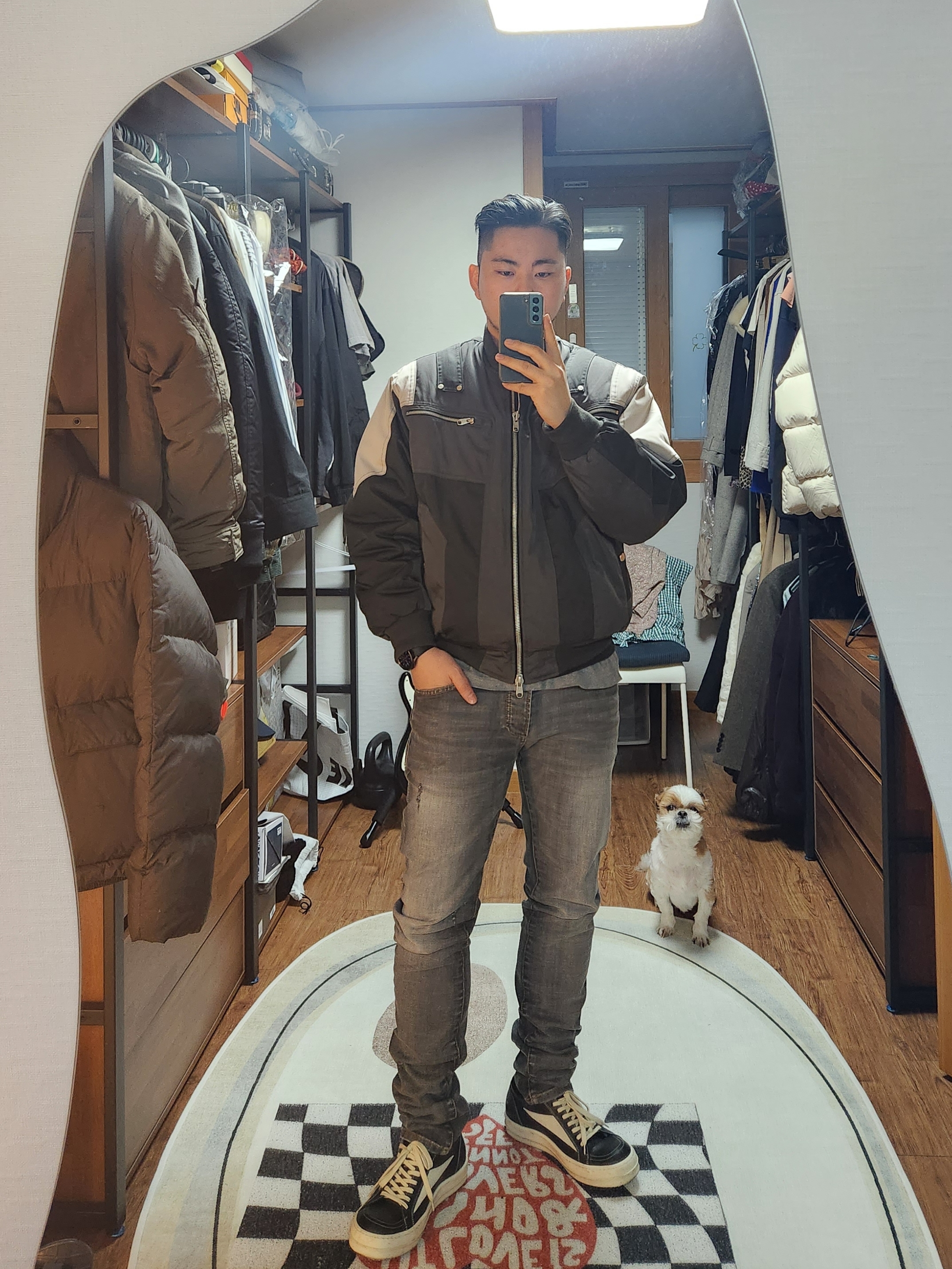 Undermycar Wani Kame Multi Block Pocket Turtle Bomber Driftwood - 22FW, Undermycar Legion.03 Slim Fit Blue Stitch Washed Jeans Washed Gray 착용 스타일