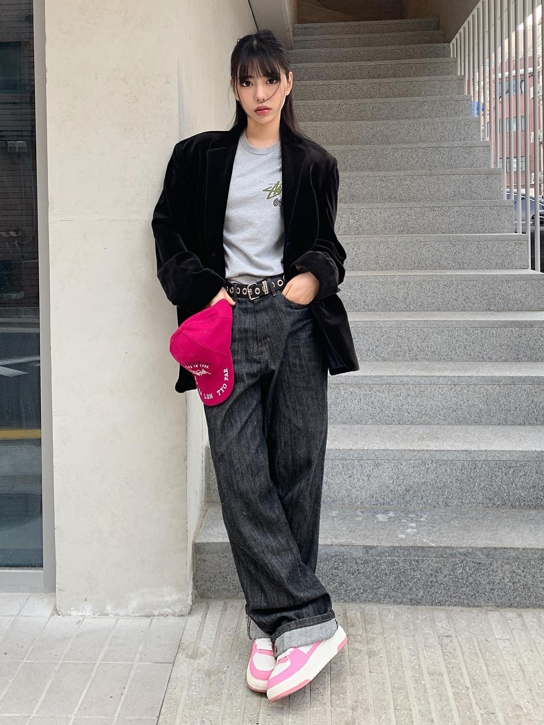 Stussy Worldwide Low Pro Cap Pink 착용 스타일