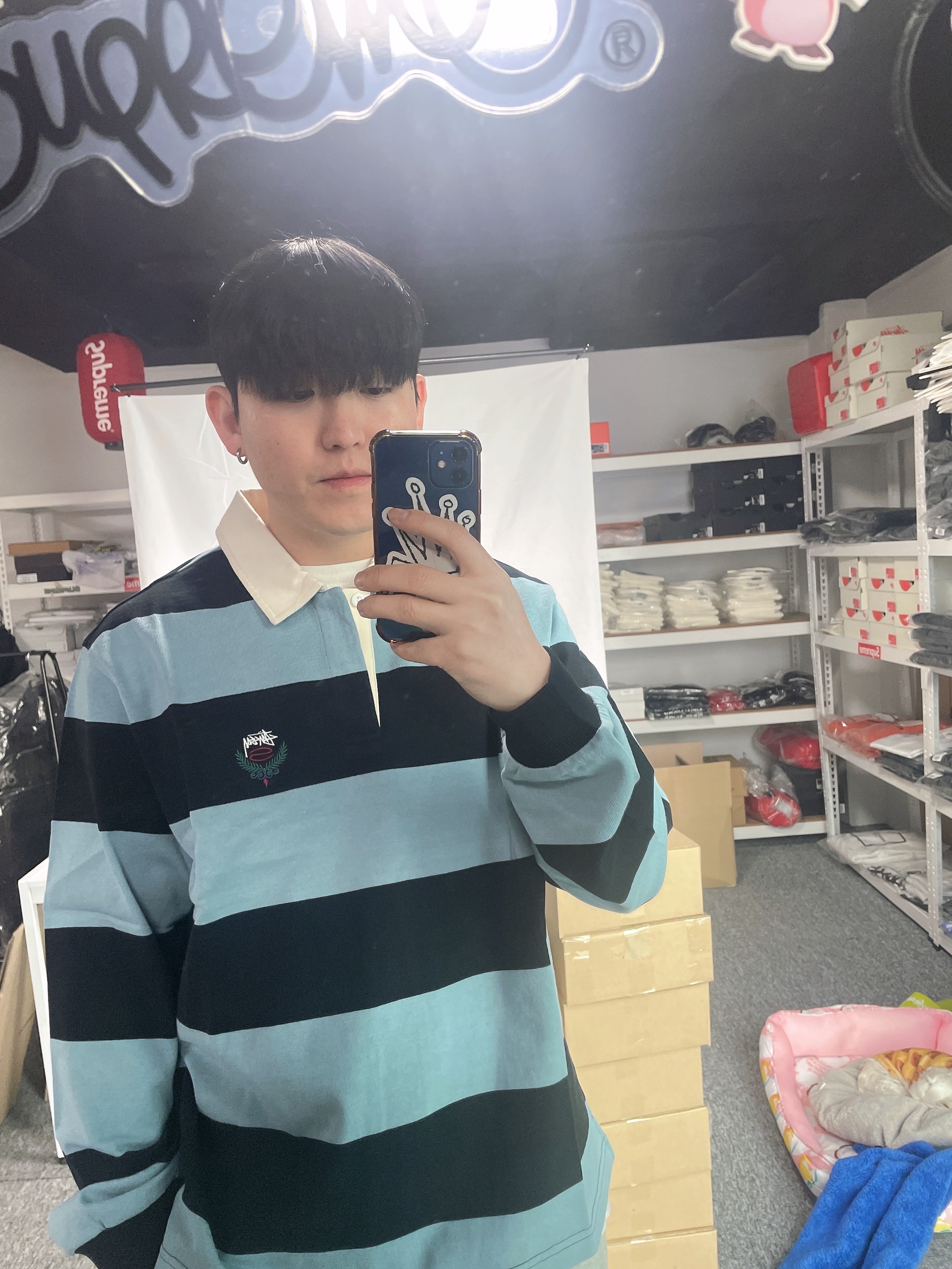 Stussy Big Stripe Rugby Black 착용 스타일