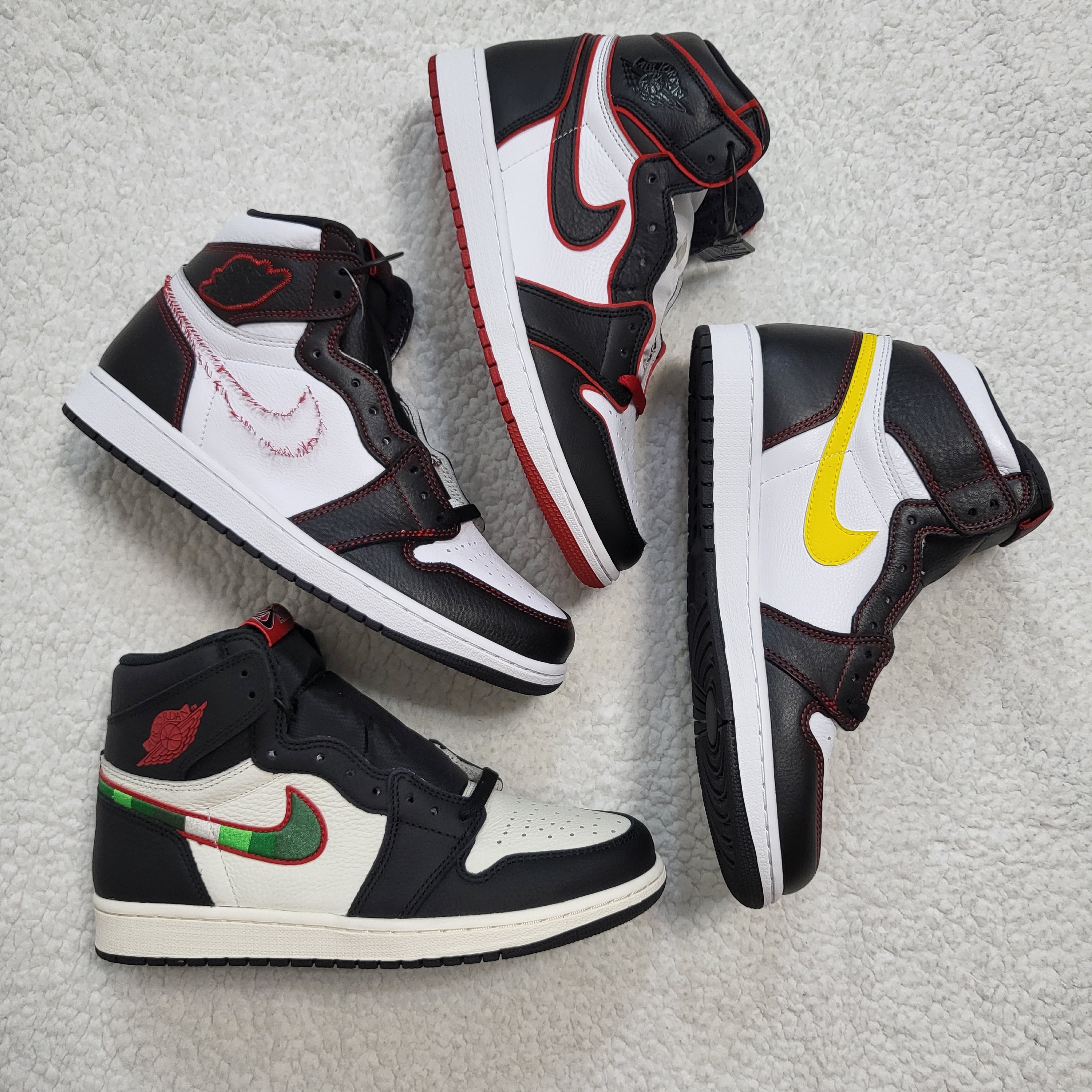 Jordan 1 Retro High OG Bloodline, Jordan 1 Retro High Defiant White Black Gym Red 착용 스타일