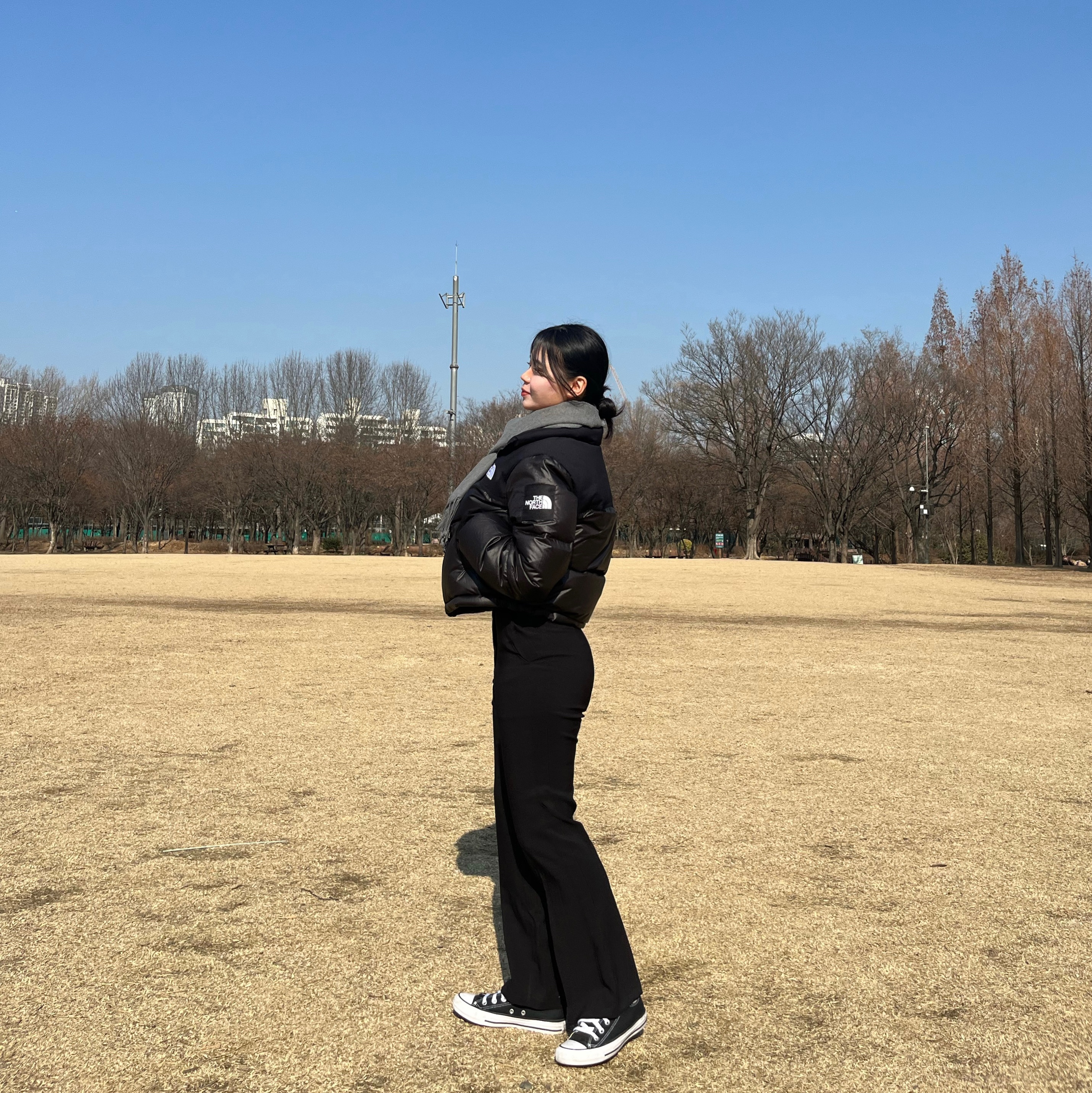 (W) The North Face White Label Novelty Nuptse Down Jacket Black 착용 스타일