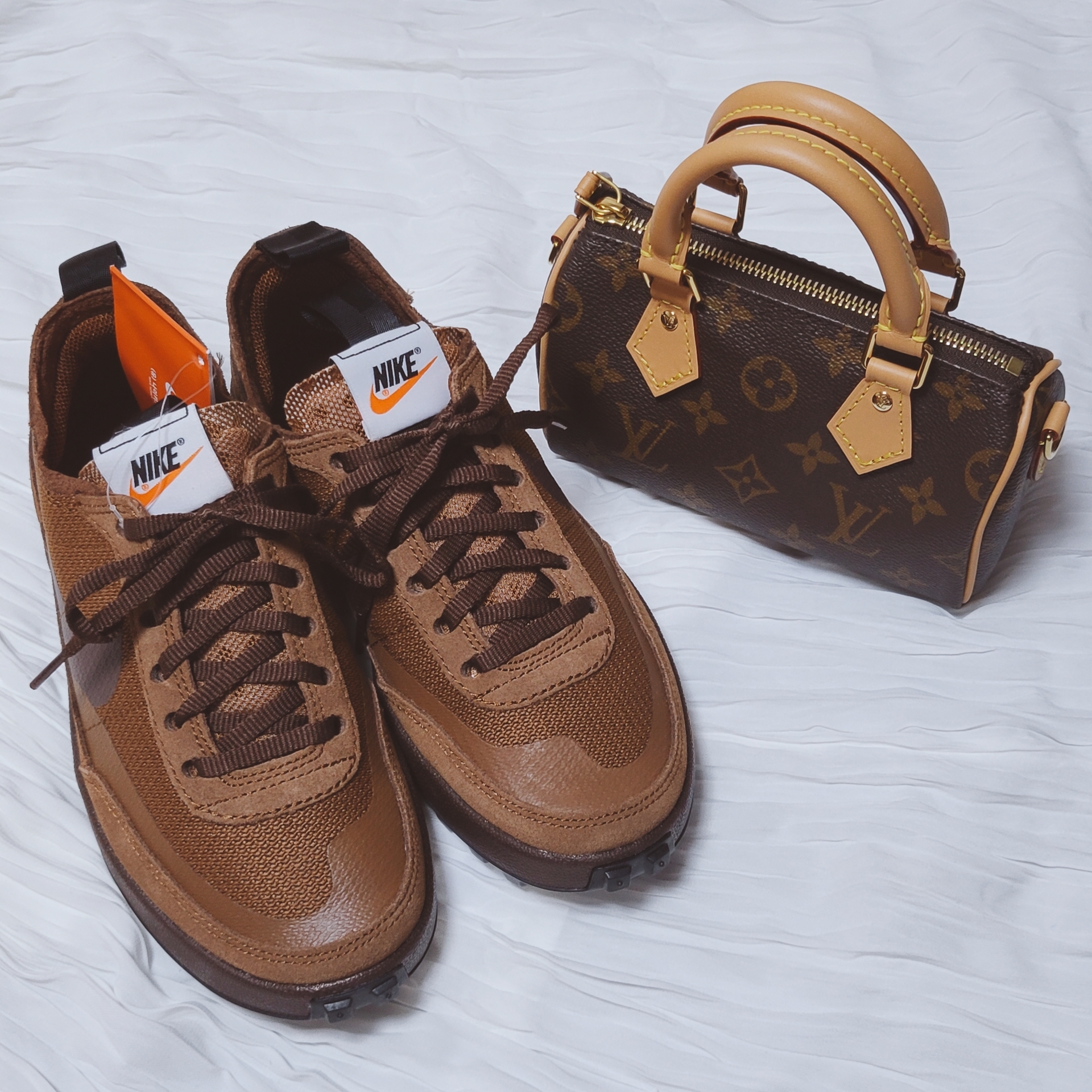 Louis Vuitton Nano Speedy Monogram, Nike x Tom Sachs General Purpose Shoe Brown 착용 스타일