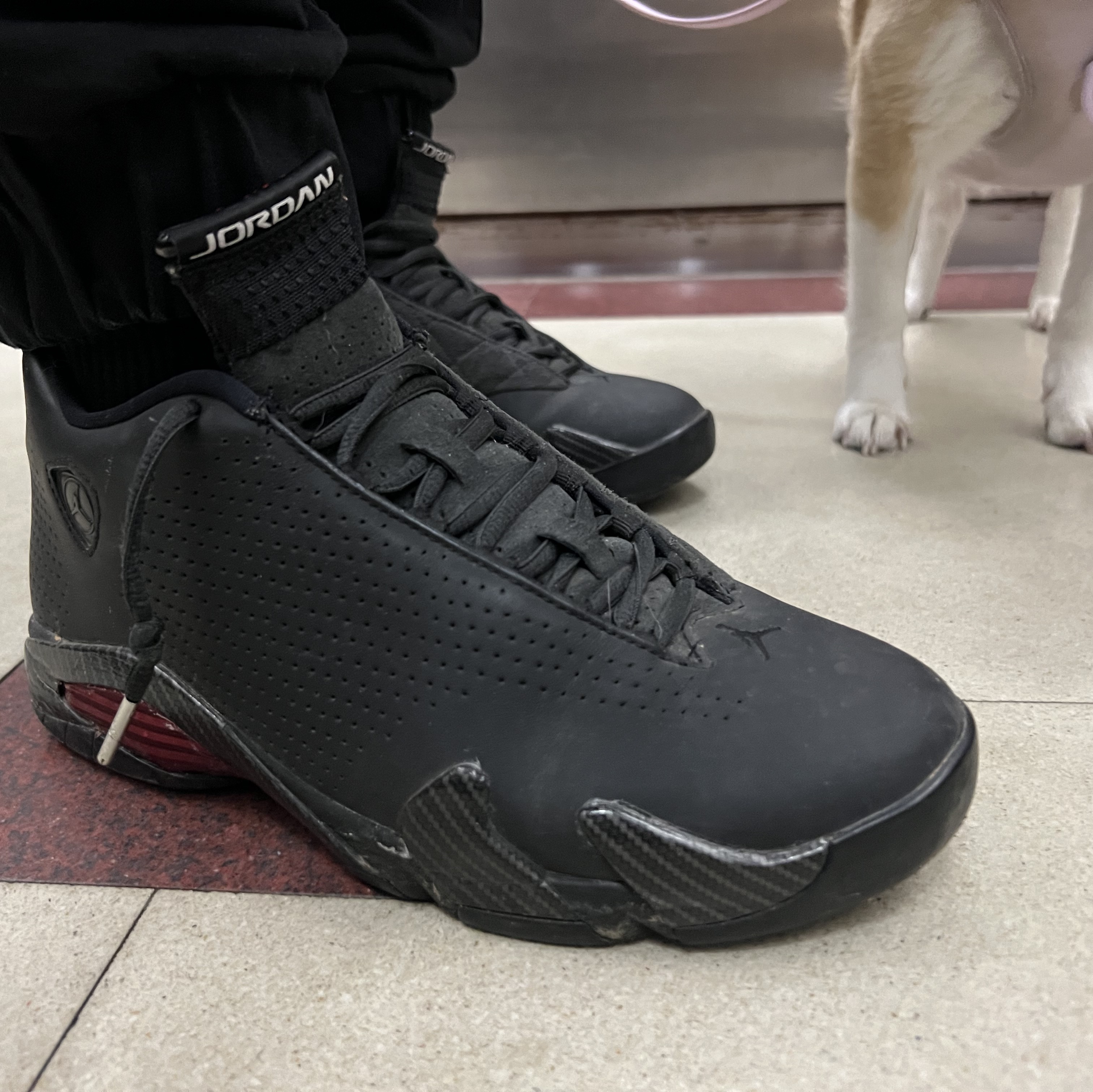 Jordan 14 Retro SE Black Ferrari 착용 스타일