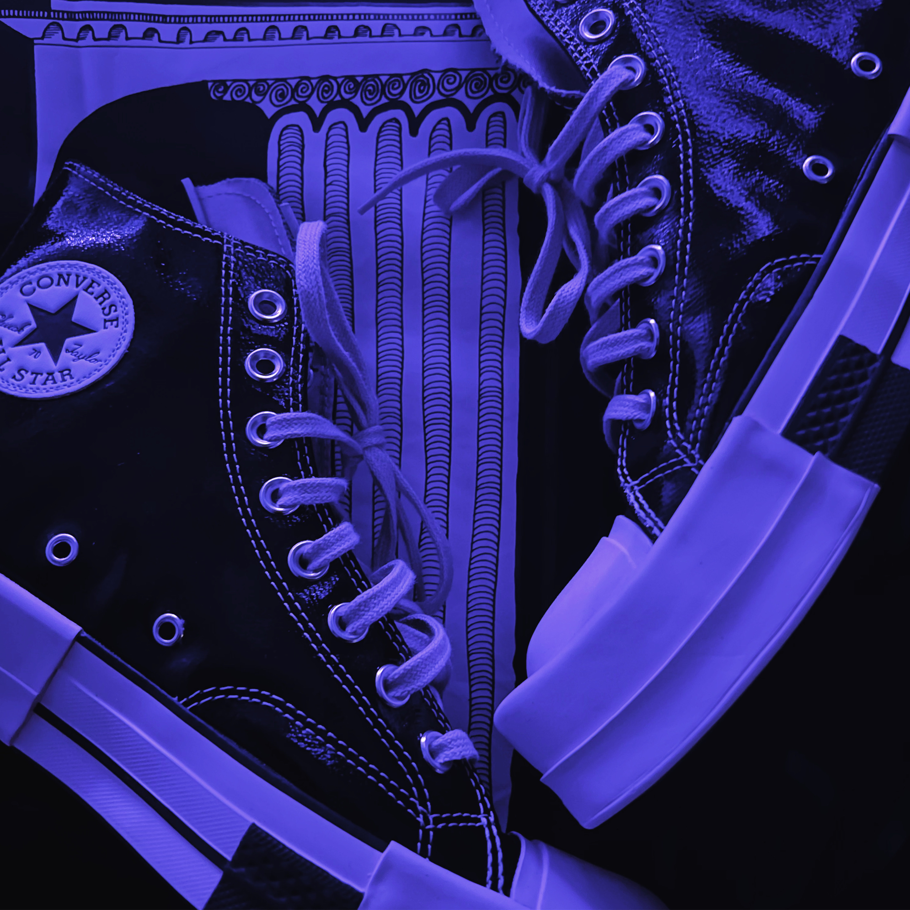 Converse x Drkshdw Turbodrk Chuck 70 Hi Black Lacquered Denim, CDG x Stussy Coach Jacket Black 착용 스타일