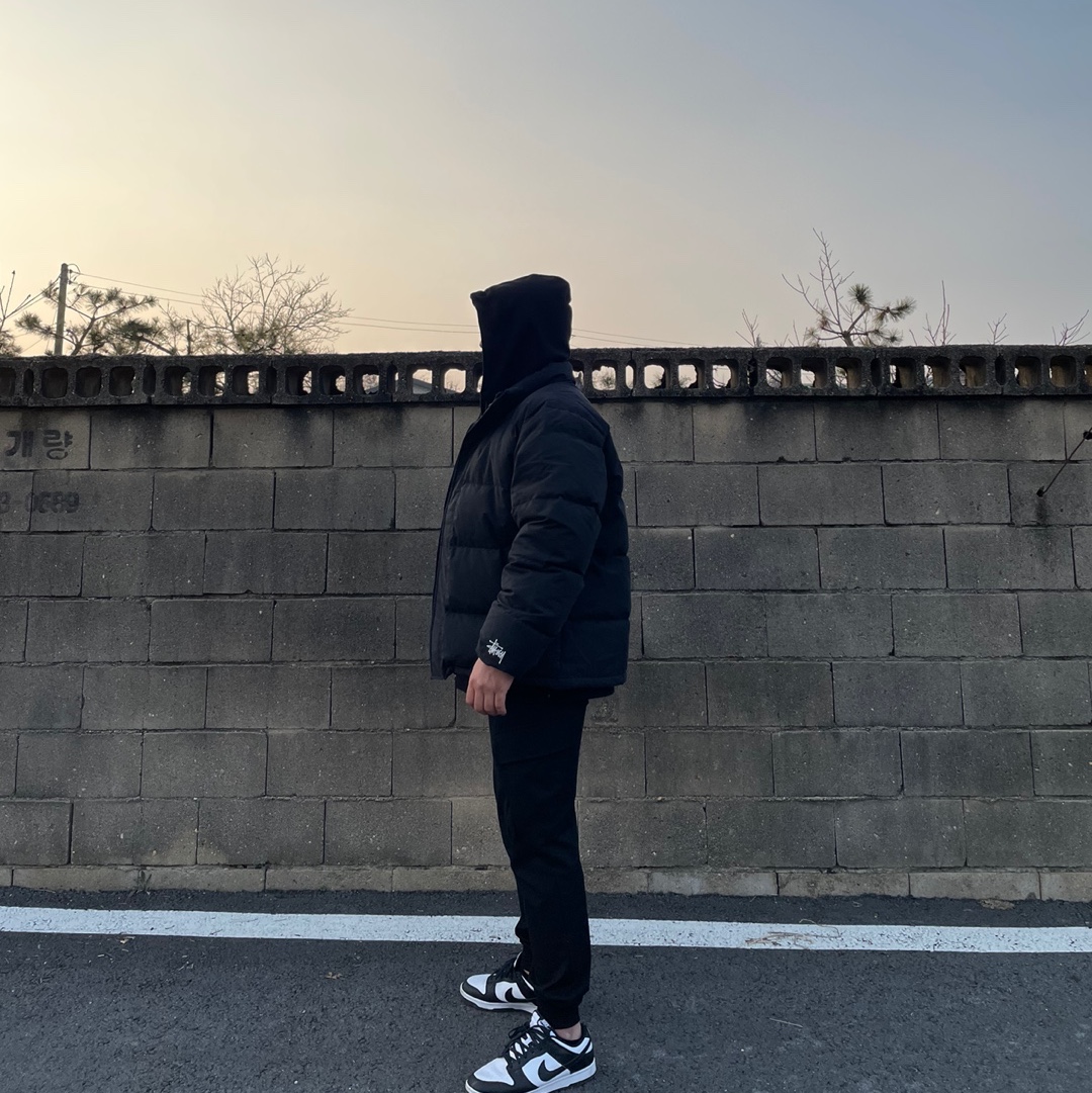 Nike Dunk Low Retro Black, Stussy Ripstop Down Puffer Jacket Black 착용 스타일