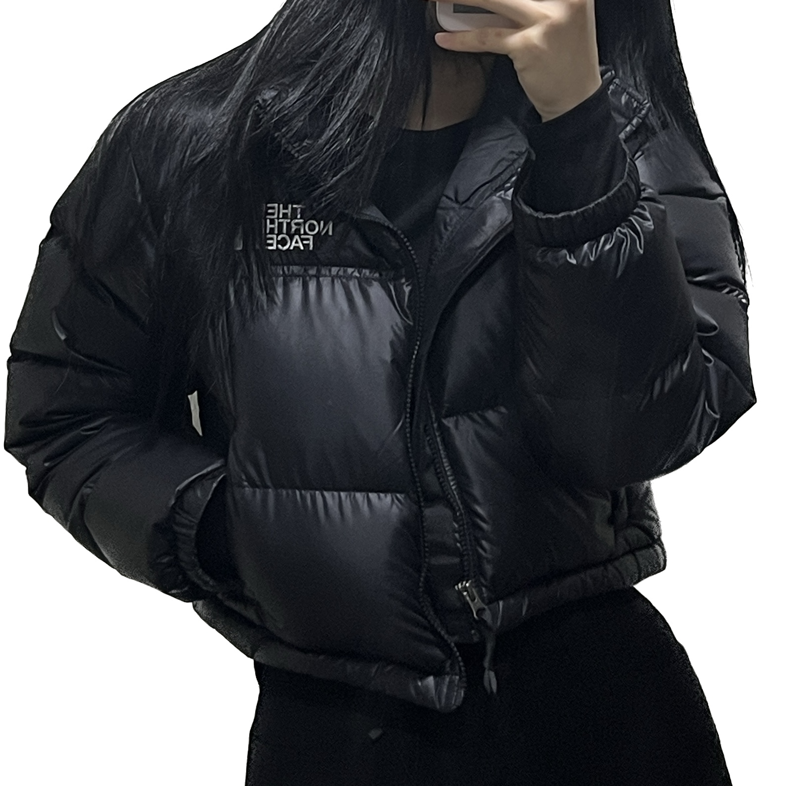 (W) The North Face Nuptse Short Jacket Black 착용 스타일 - 1