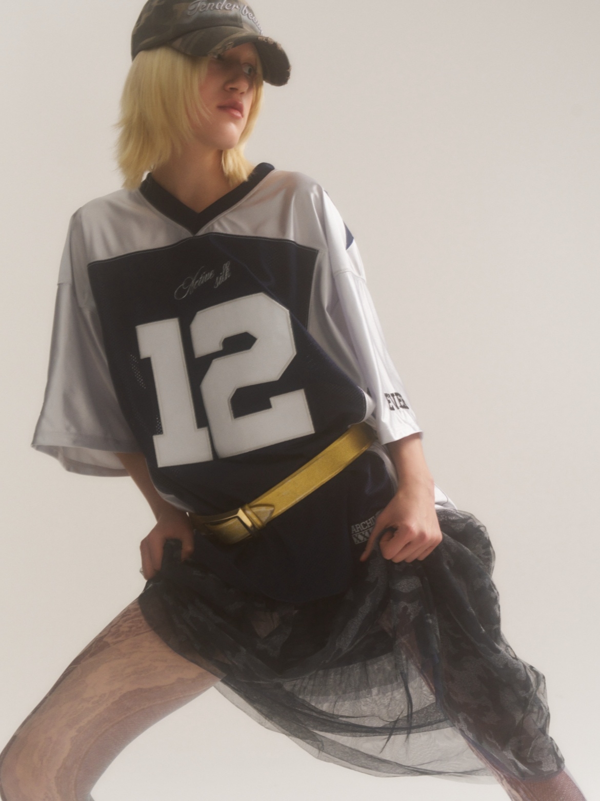 2000Archives Tights 57 Lace On Denim, 2000Archives Tender Beauty Camo Ball Cap 착용 스타일