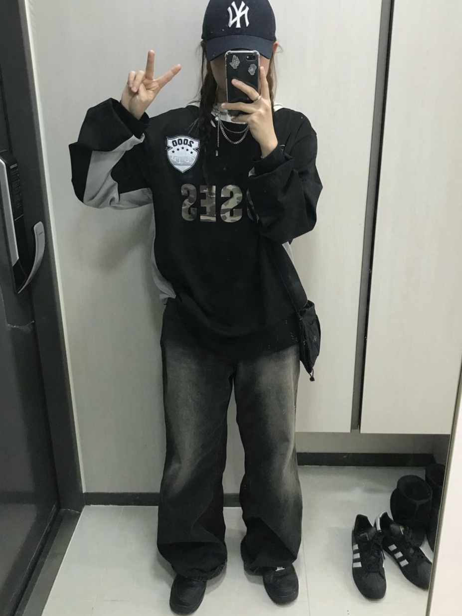 2000Archives Oversized Sporty T-Shirt Black Camo 착용 스타일