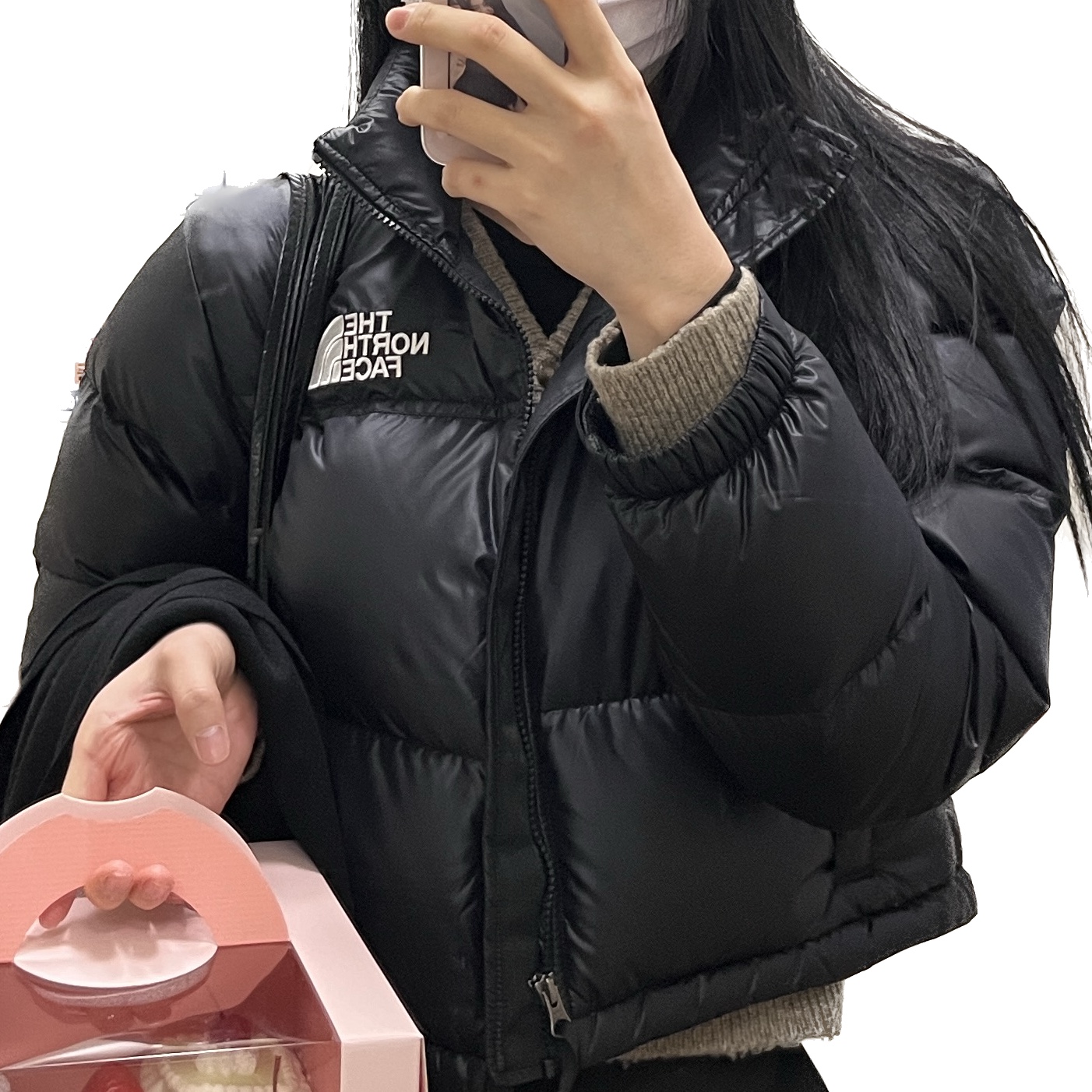 (W) The North Face Nuptse Short Jacket Black 착용 스타일 - 2