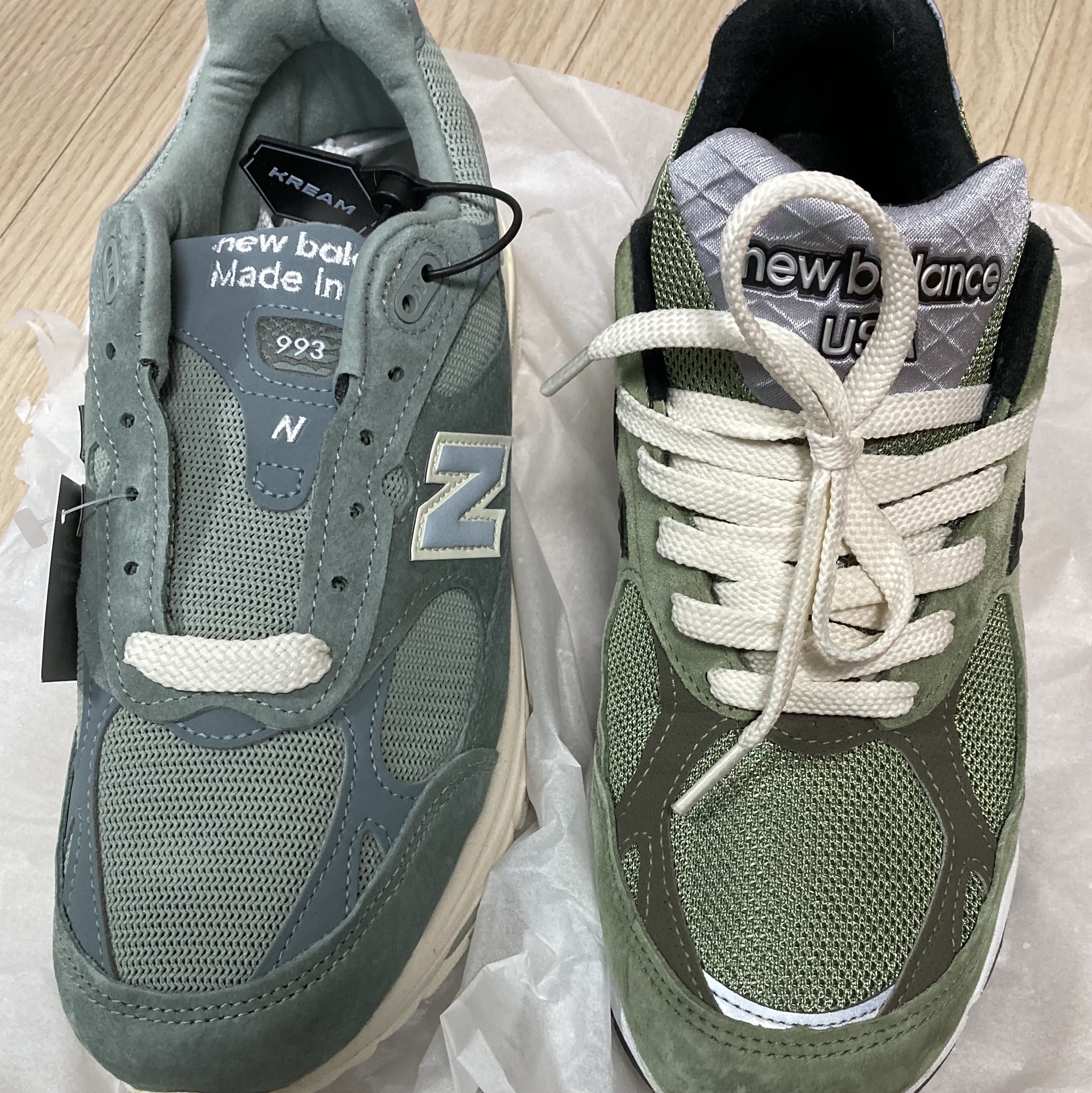 New Balance x Kith 993 Made in USA Slate Grey, New Balance x JJJJound 990v3 Olive 착용 스타일 - 2