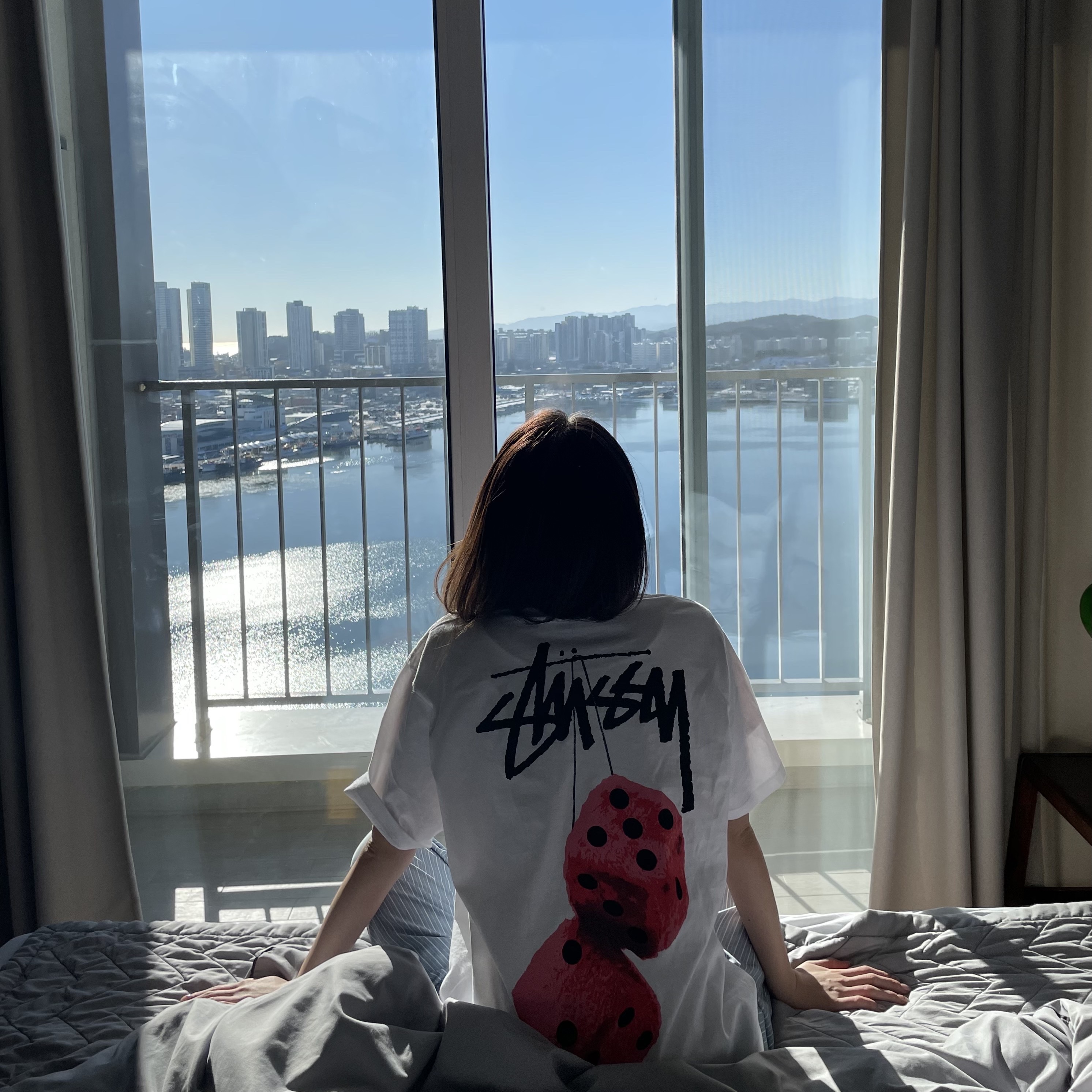 Stussy Fuzzy Dice T-Shirt White 착용 스타일