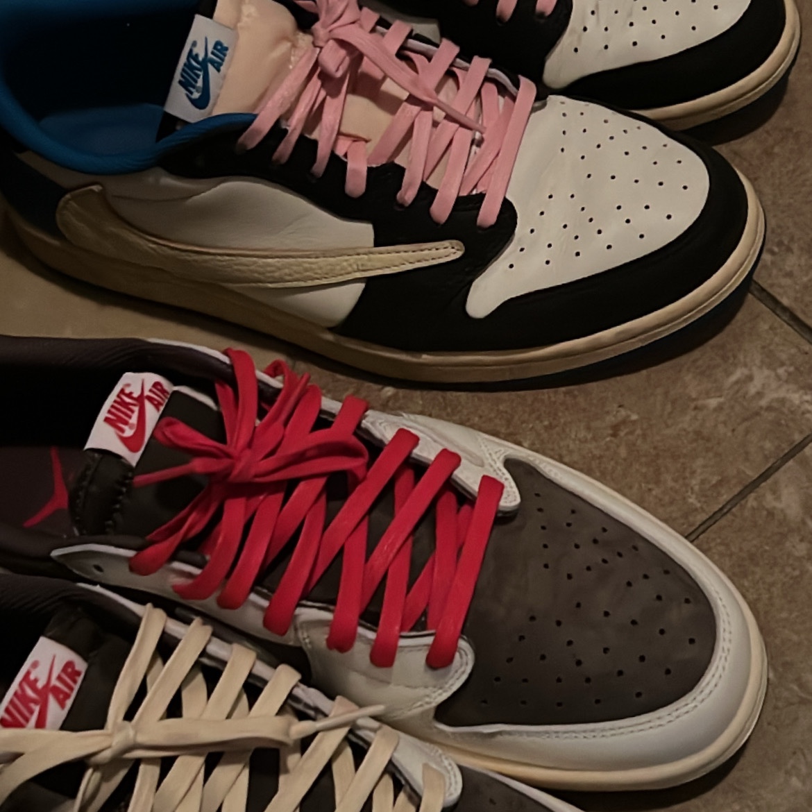 Jordan 1 x Travis Scott Retro Low OG SP Sail and Ridgerock, Jordan 1 x Travis Scott x Fragment Retro Low OG SP Military Blue 착용 스타일 - 2