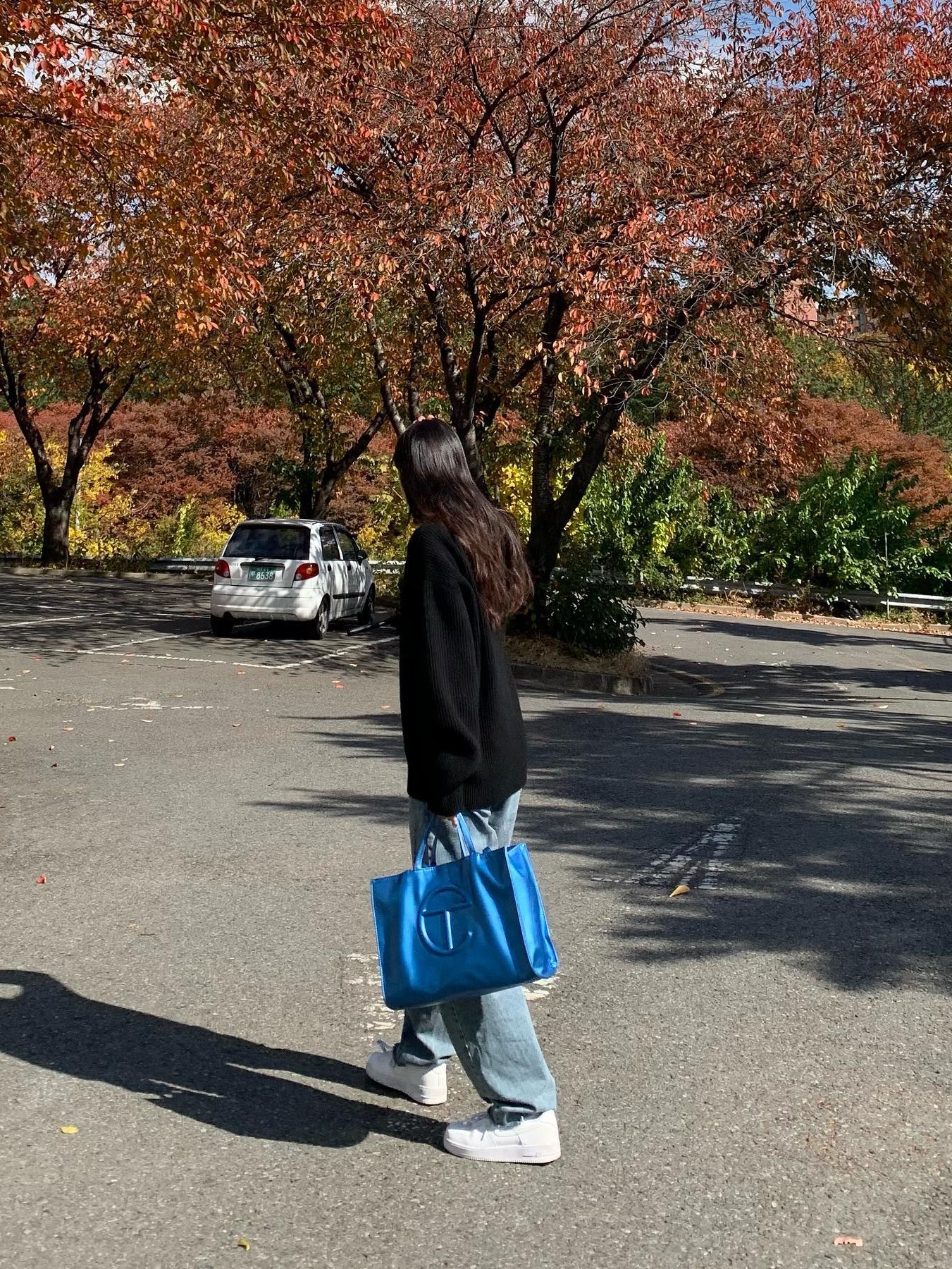 Telfar Medium Shopping Bag Cyan, Telfar Small Shopping Bag Cyan 착용 스타일