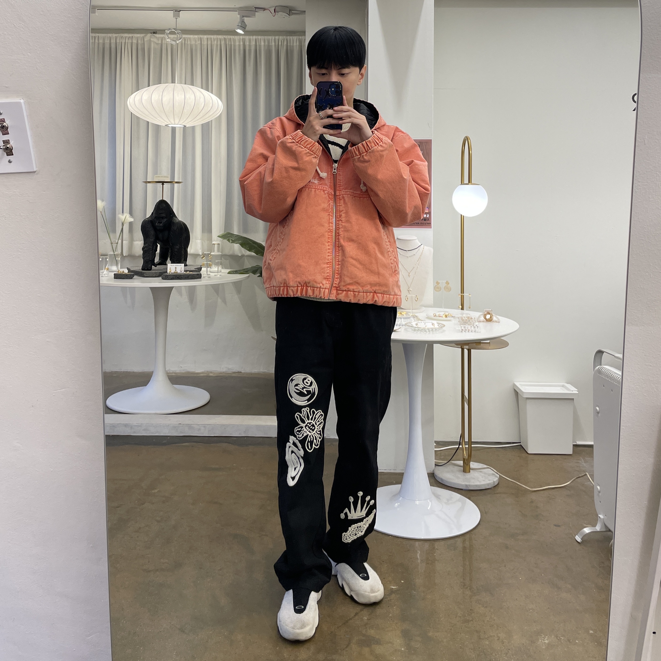 Stussy Double Dye Work Jacket Faded Red, Stussy Noma Icon Beach Pants Washed Black 착용 스타일 - 1