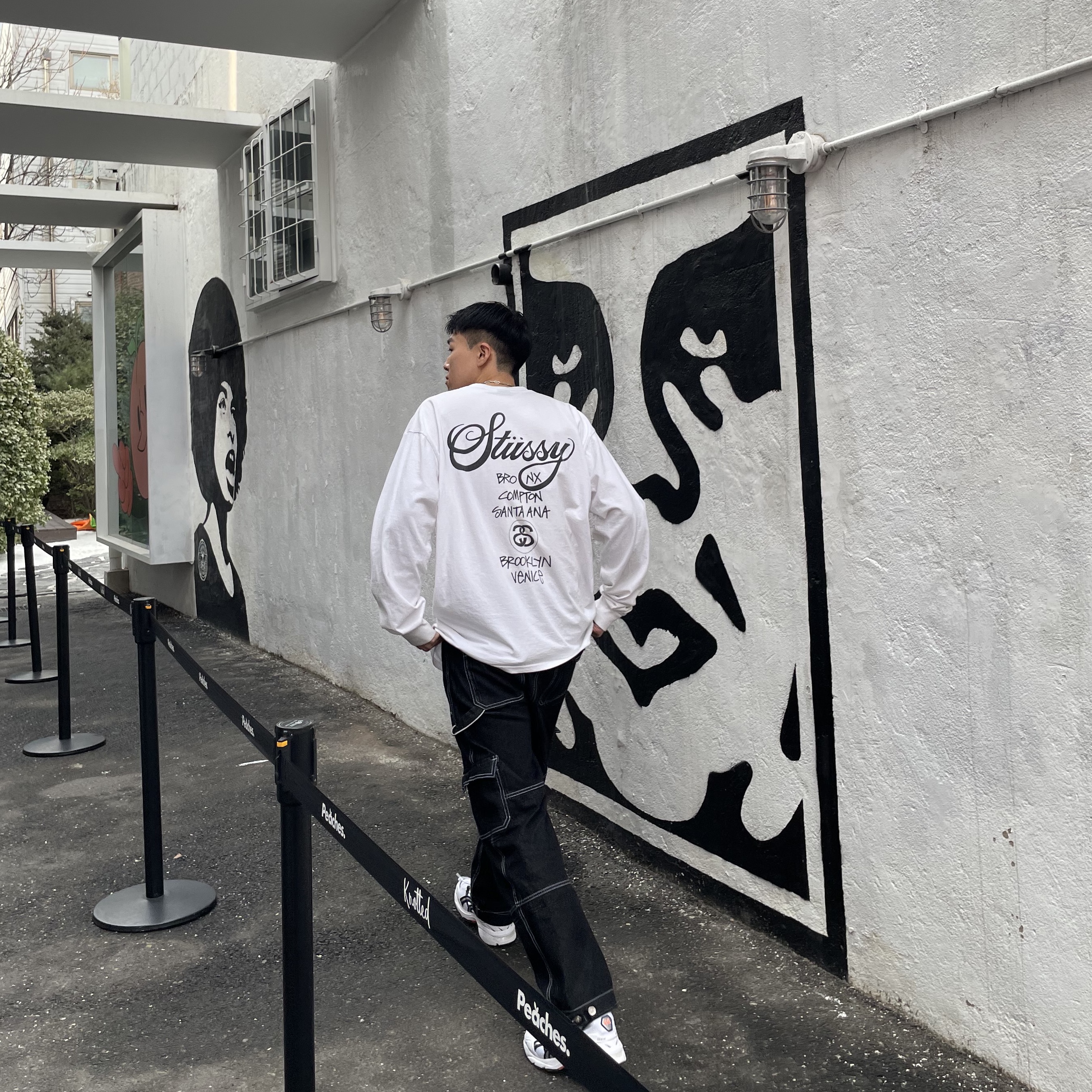 Stussy World Tour LS T-Shirt White, Asics Gel-1090 White Midnight 착용 스타일 - 2