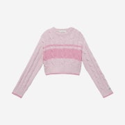 Instantfunk Women Crew Neck Croped Cable Knitted Sweater Pink Stripe