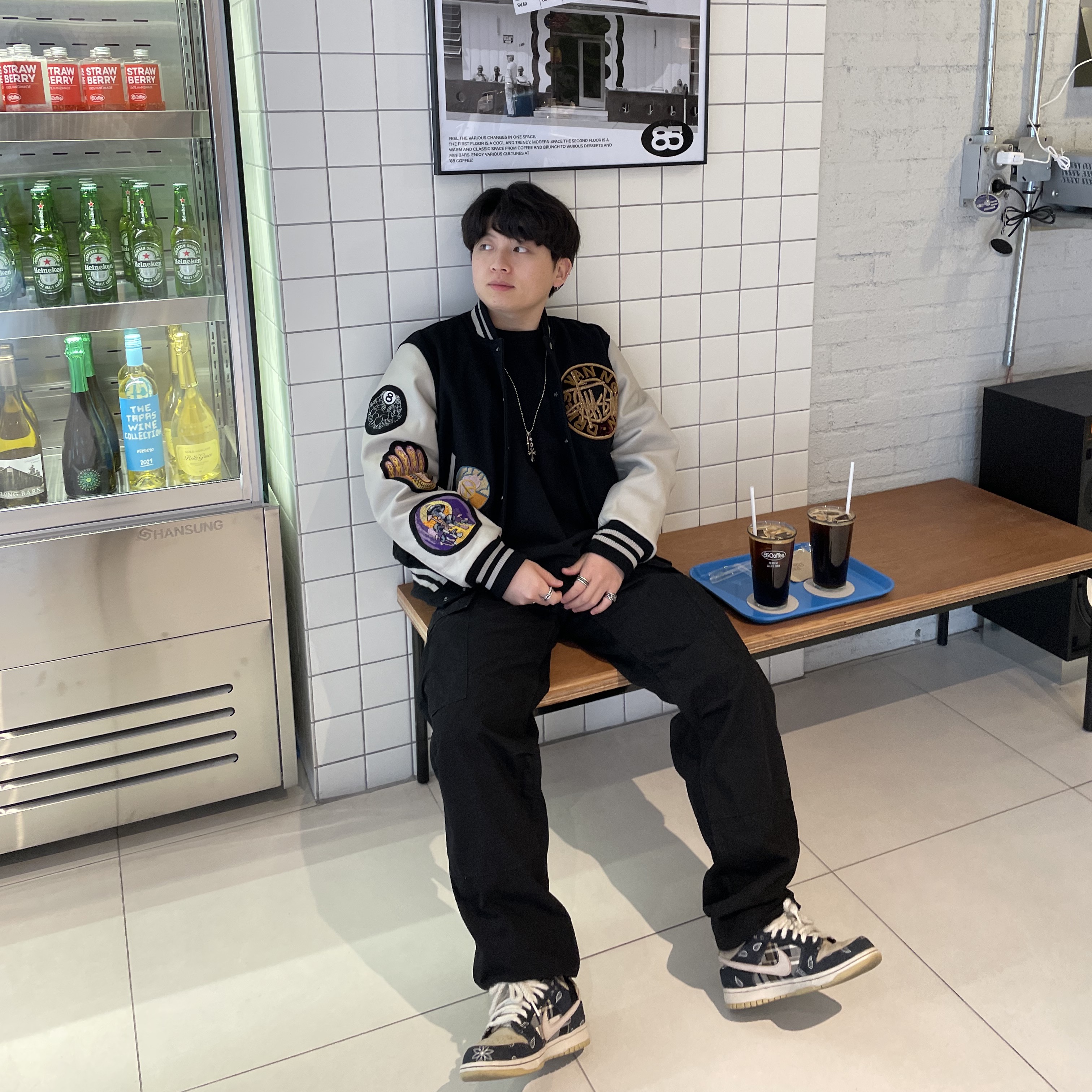 Stussy x Dries Van Noten Varsity Jacket Black 착용 스타일 - 4
