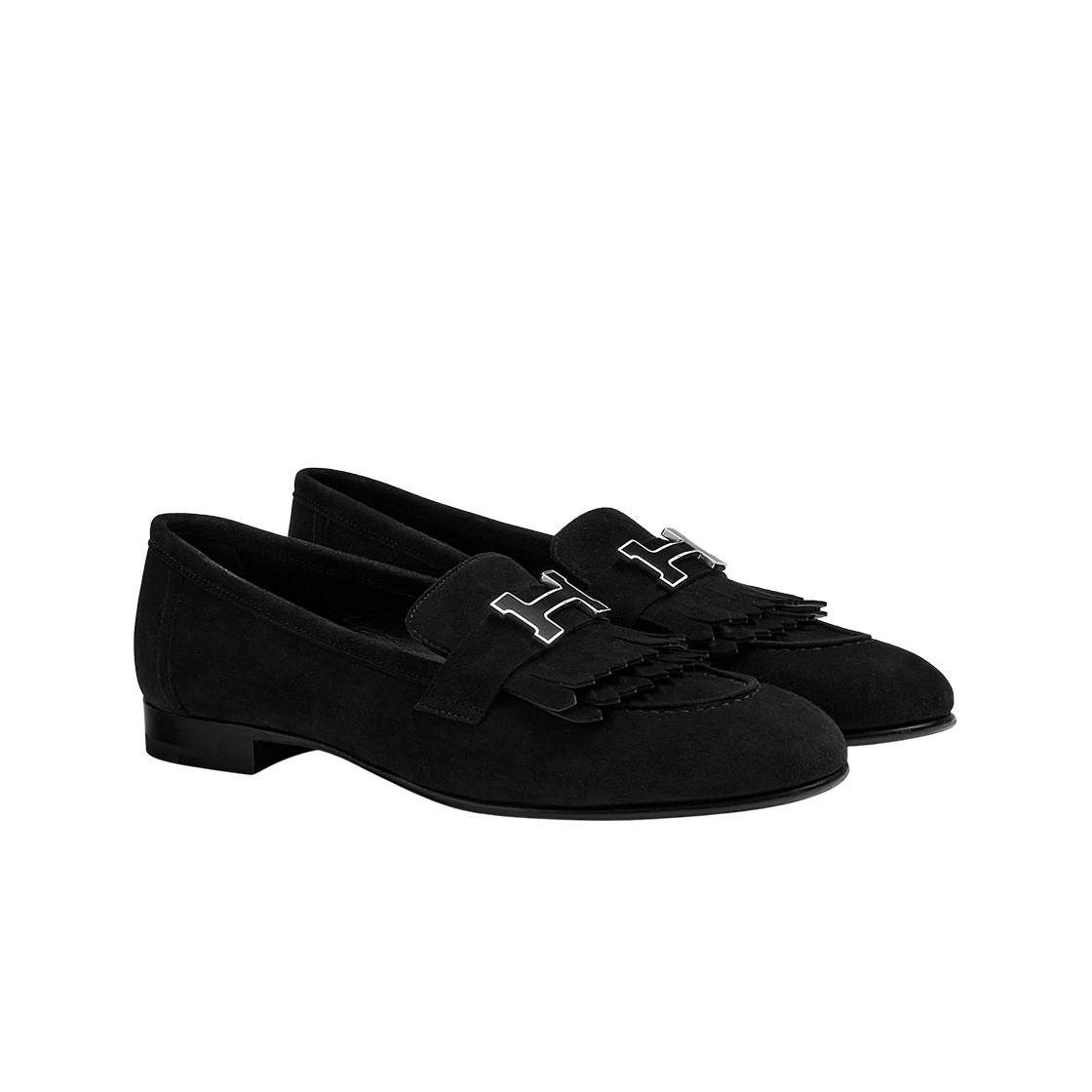 (W) 에르메스 로얄 로퍼 스웨이드 고트스킨 & 래커드 팔라듐 하드웨어 누아((W) Hermes Royal Loafers Suede Goatskin & Lacquered Palladium Noir) - 2