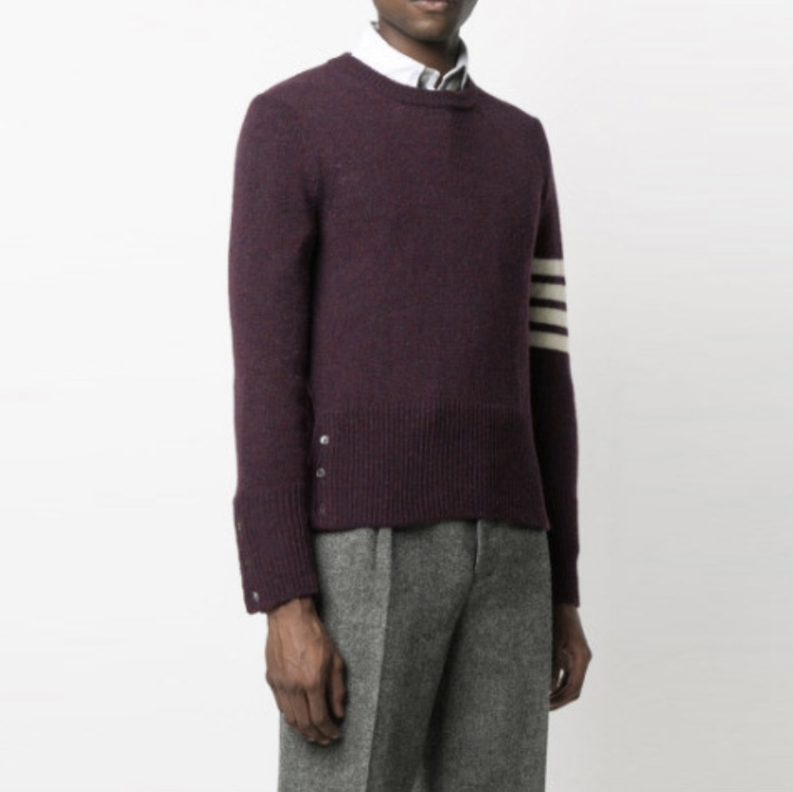 Thom Browne Shetland 4-Bar Classic Crewneck Pullover Knit Dark Red 착용 스타일