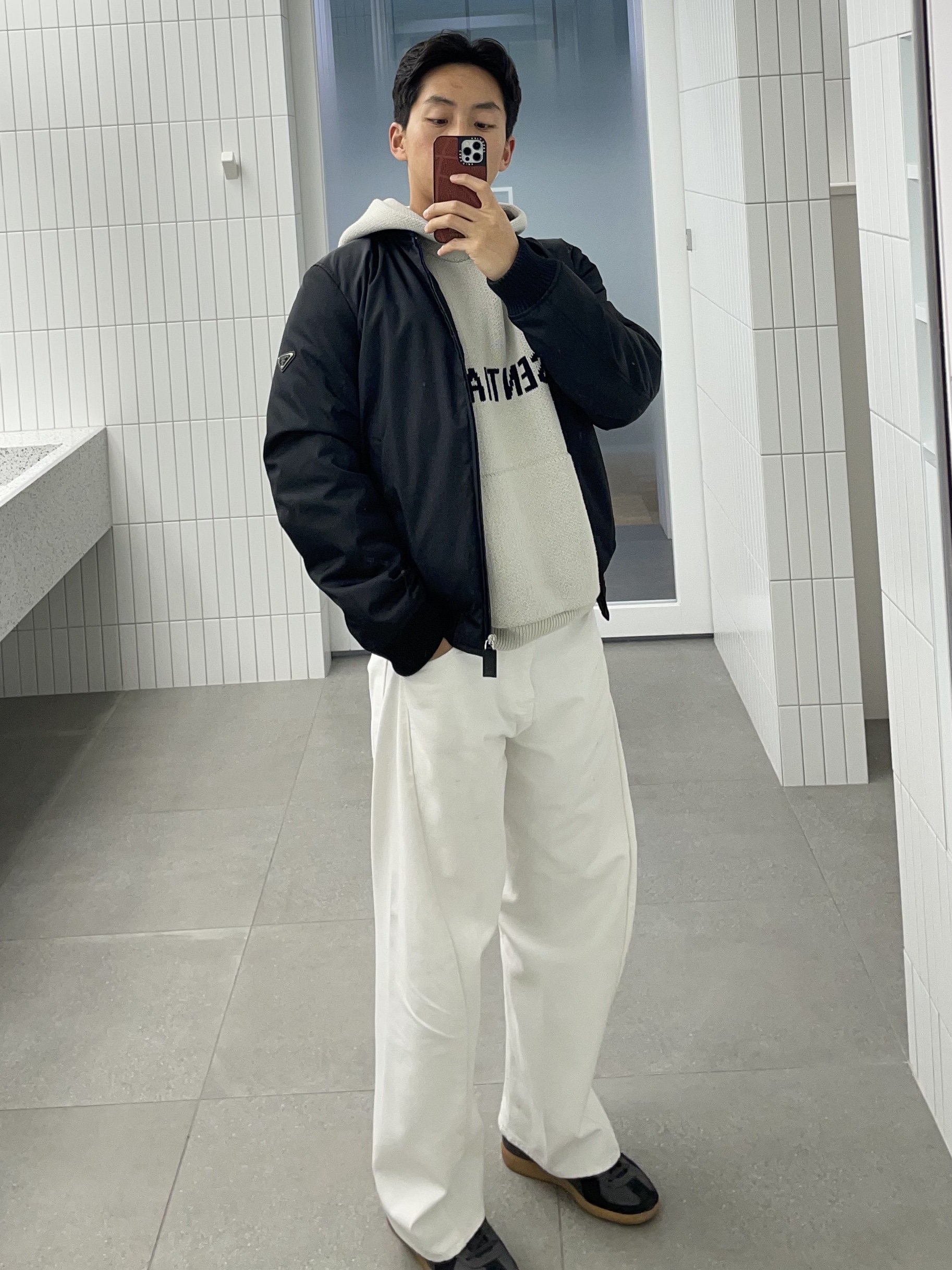 Prada Re-Nylon Bomber Jacket Black, Adidas BW Army Black 착용 스타일