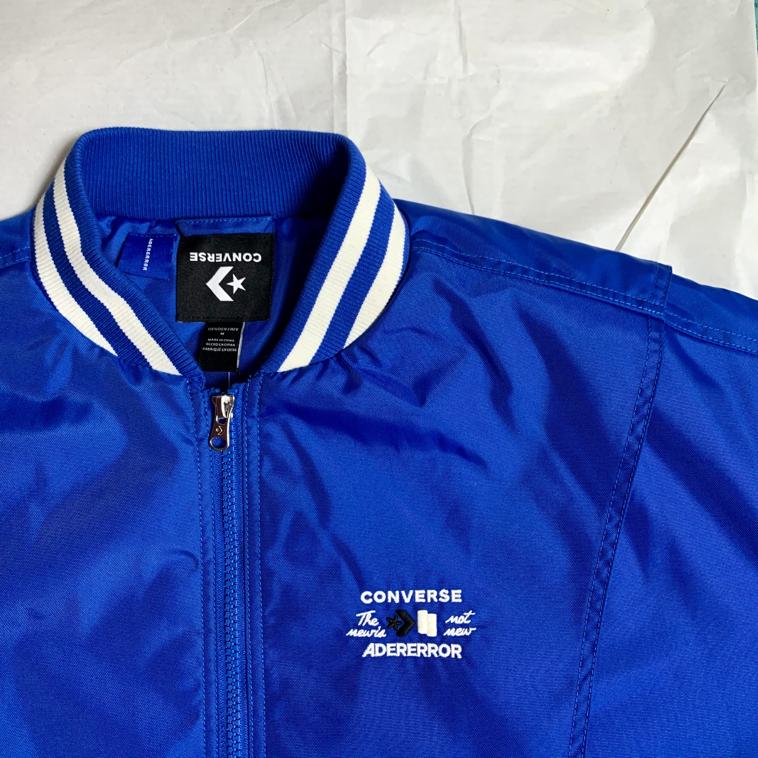 Converse x Ader Error Shapes Varsity Jacket Cobalt 착용 스타일