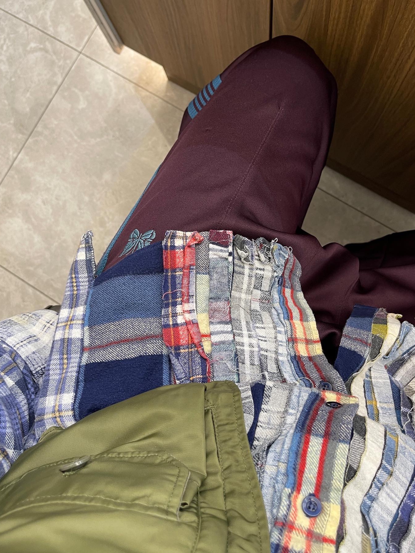 Needles x Kith Ribbon Cuts Flannel Shirt Multi, Needles Straight Track Pants Poly Smooth Maroon 착용 스타일