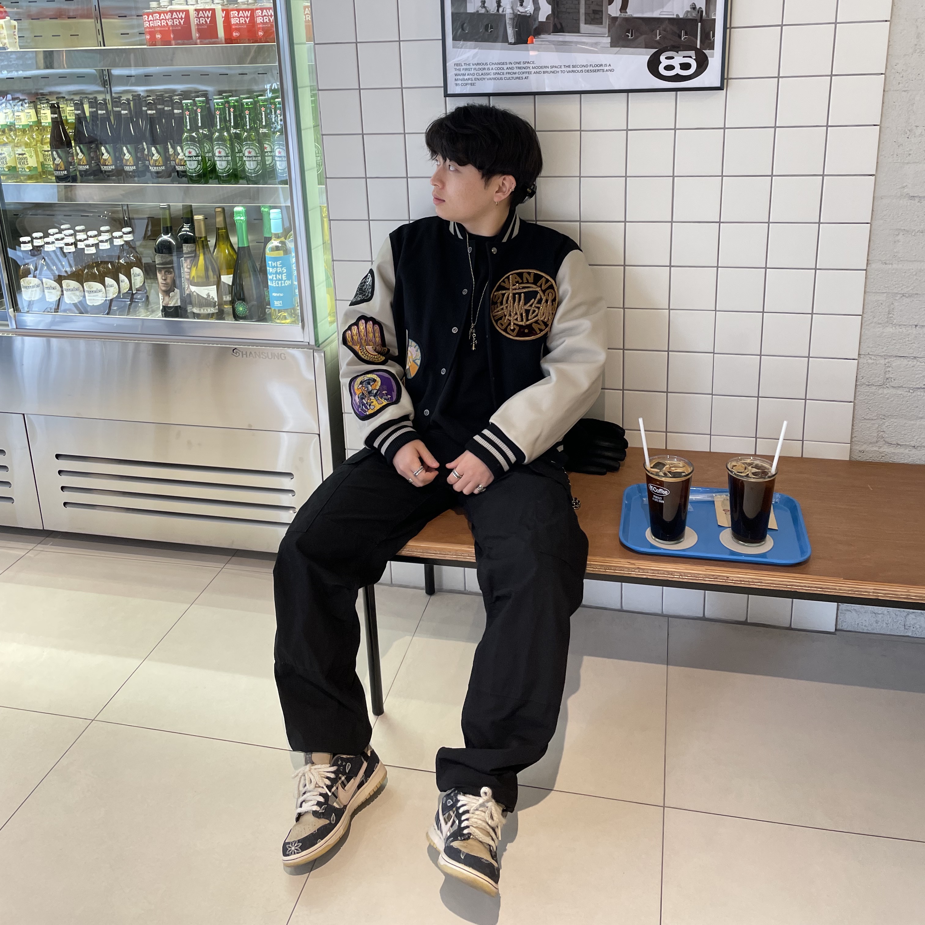 Stussy x Dries Van Noten Varsity Jacket Black 착용 스타일 - 5