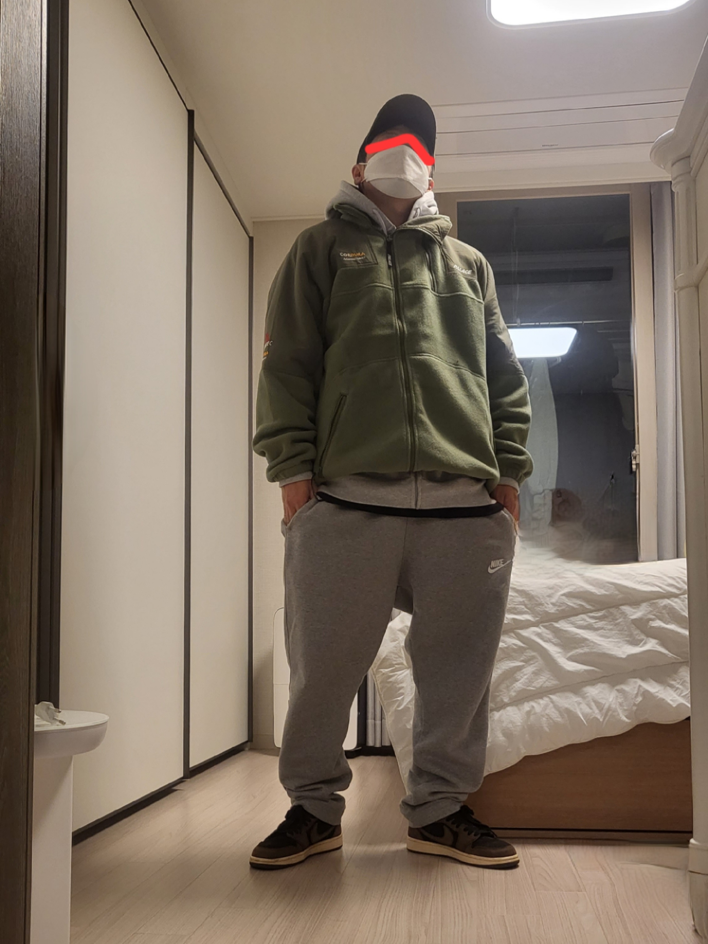 Palace Polartec Double Zip Funnel Olive - 22FW, Palace Facemask Thermal Hood Grey Marl - 21FW 착용 스타일