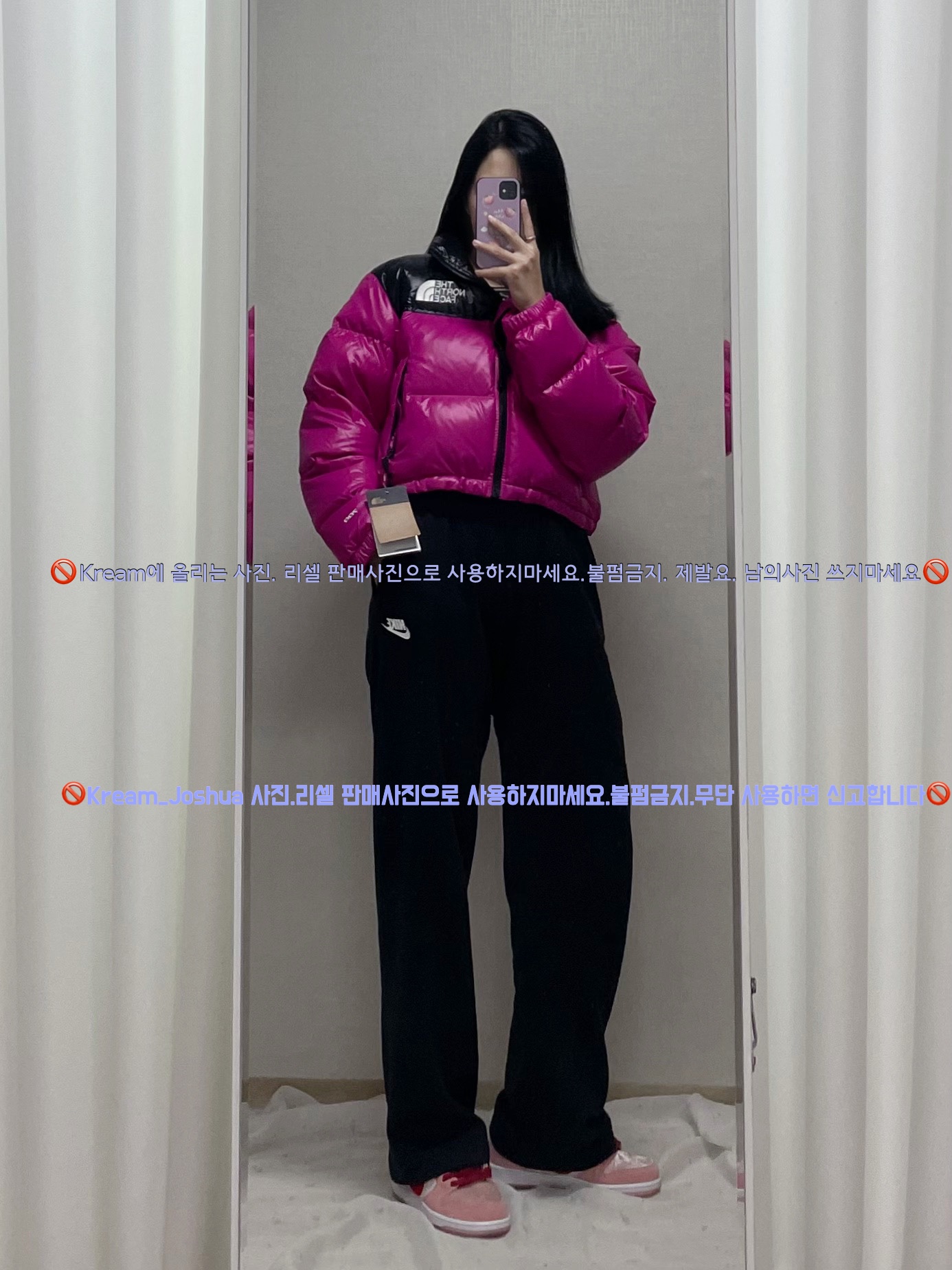 (W) The North Face Nuptse Short Jacket Fuchsia Pink, Nike x StrangeLove SB Dunk Low Pink (Regular Box) 착용 스타일 - 3
