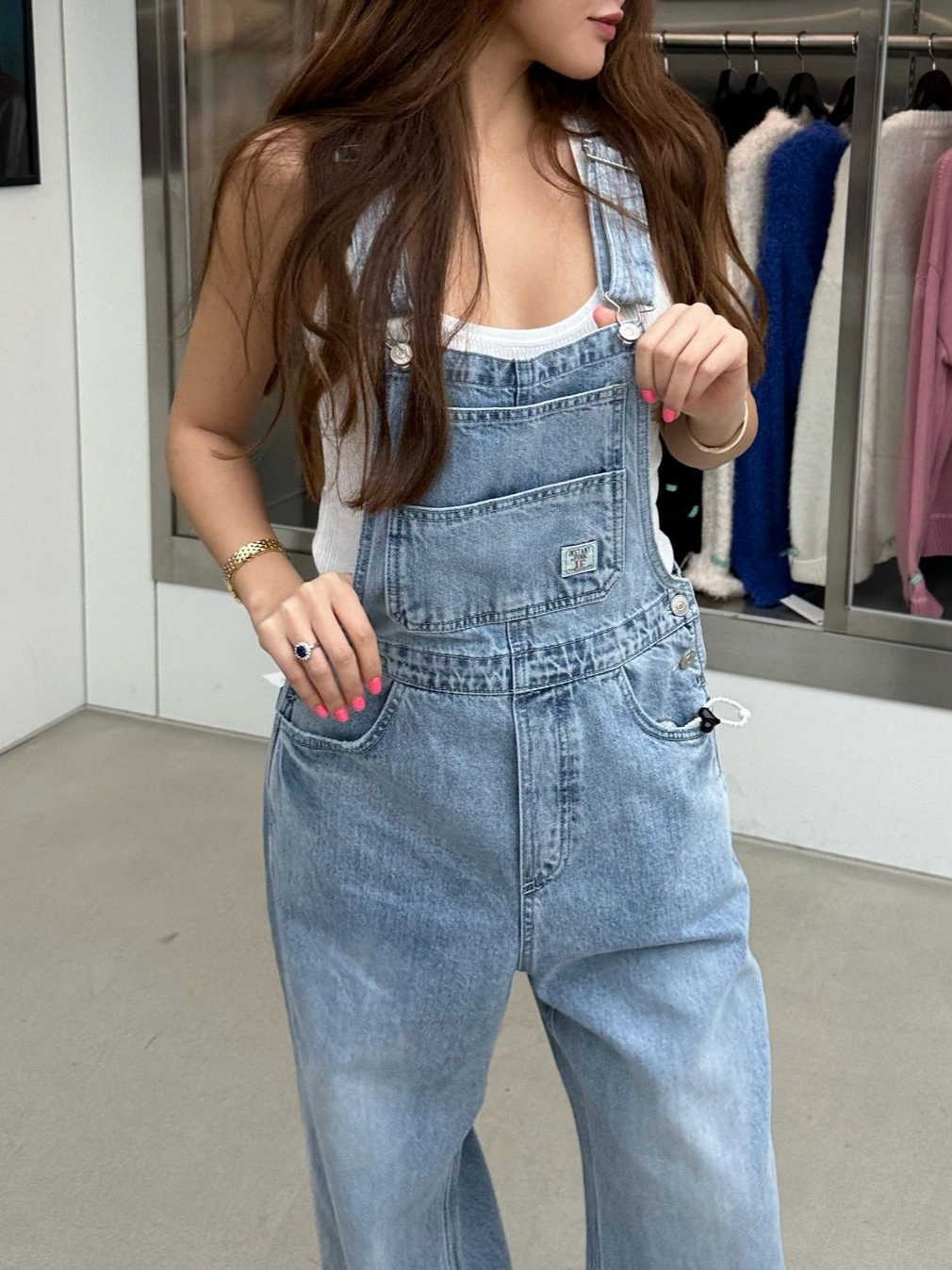 Instantfunk Women Wide Leg Denim Jumpsuit Light Blue 착용 스타일