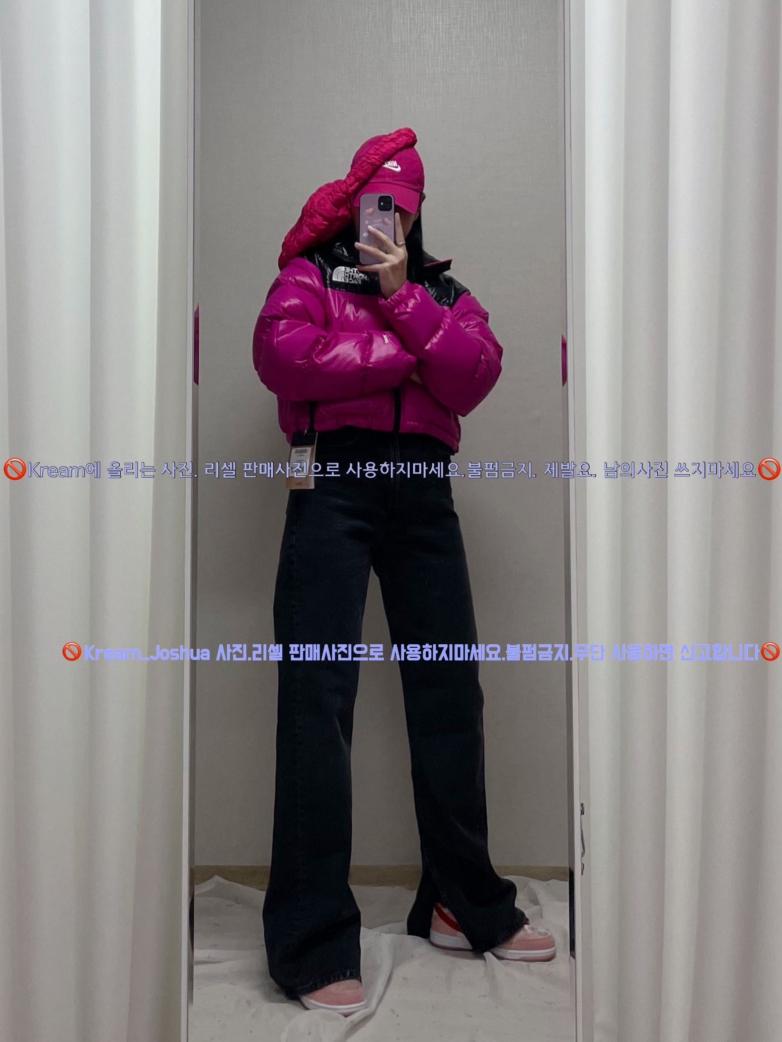 (W) The North Face Nuptse Short Jacket Fuchsia Pink, Nike x StrangeLove SB Dunk Low Pink (Regular Box) 착용 스타일 - 5