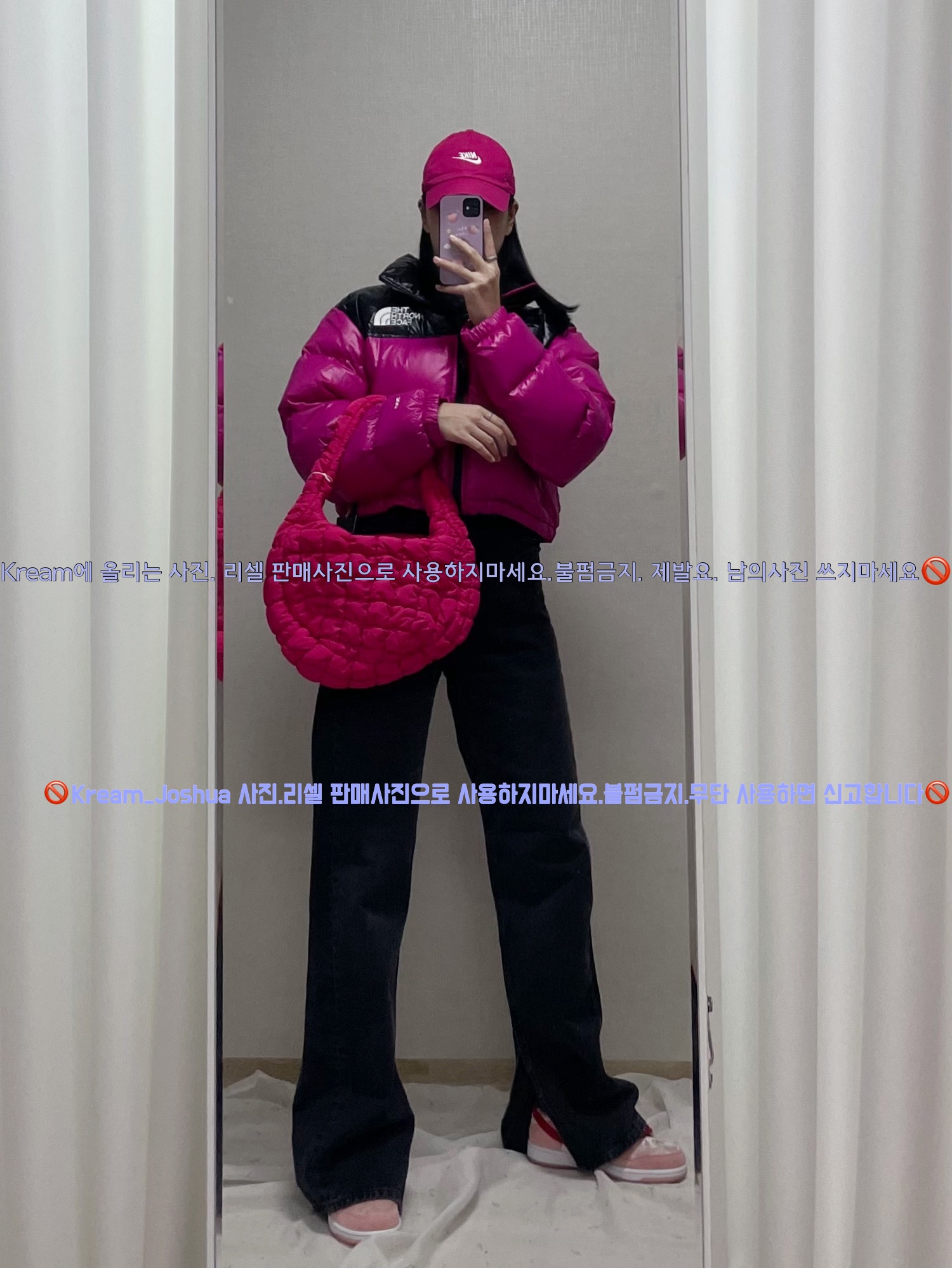 (W) The North Face Nuptse Short Jacket Fuchsia Pink, Nike x StrangeLove SB Dunk Low Pink (Regular Box) 착용 스타일 - 4